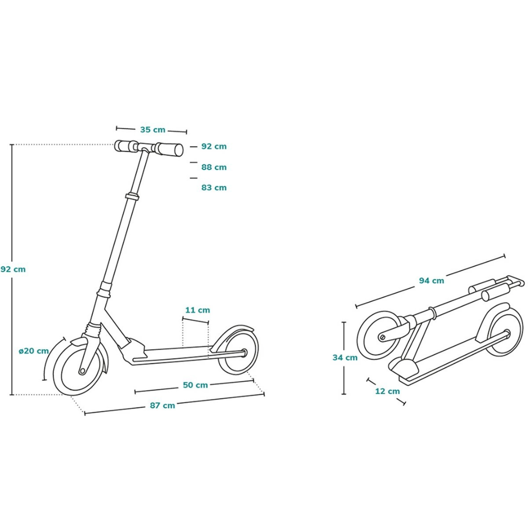 Desenho técnico de trotinet elétrico dobrável com dimensões indicadas.
