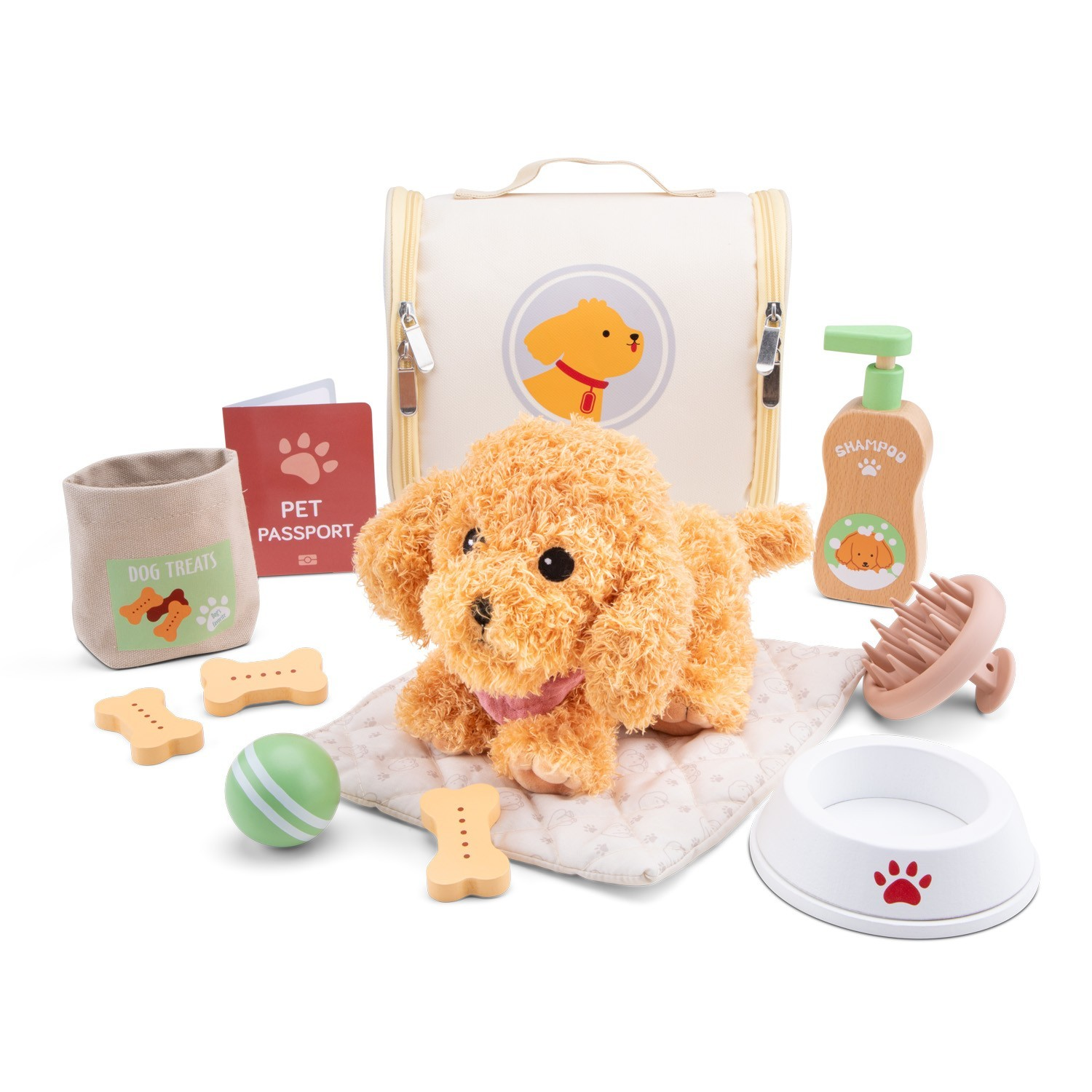 Conjunto de brinquedo infantil com cão de pelúcia castanho e acessórios para cão