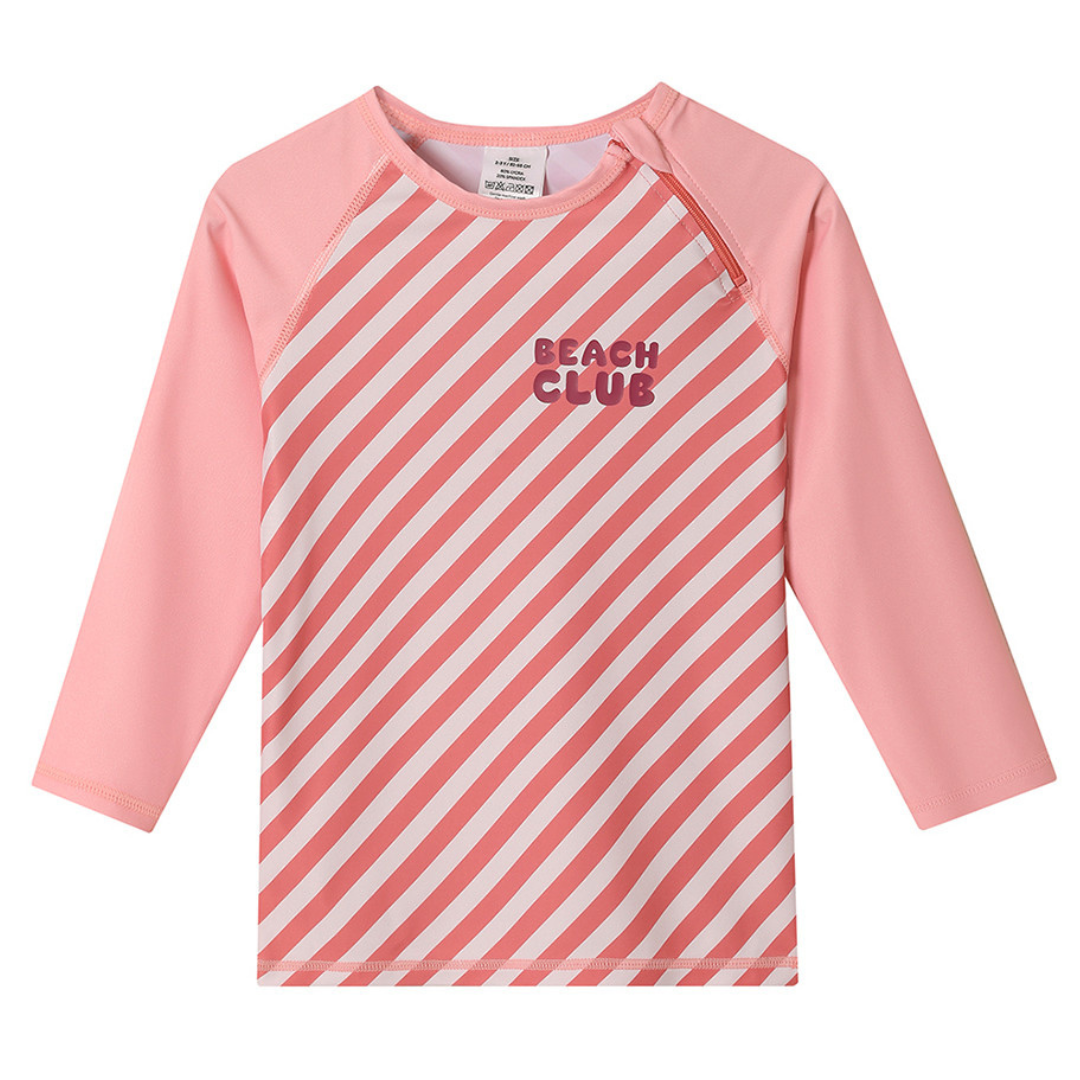 Camisola de manga comprida rosa com riscas e texto Beach Club
