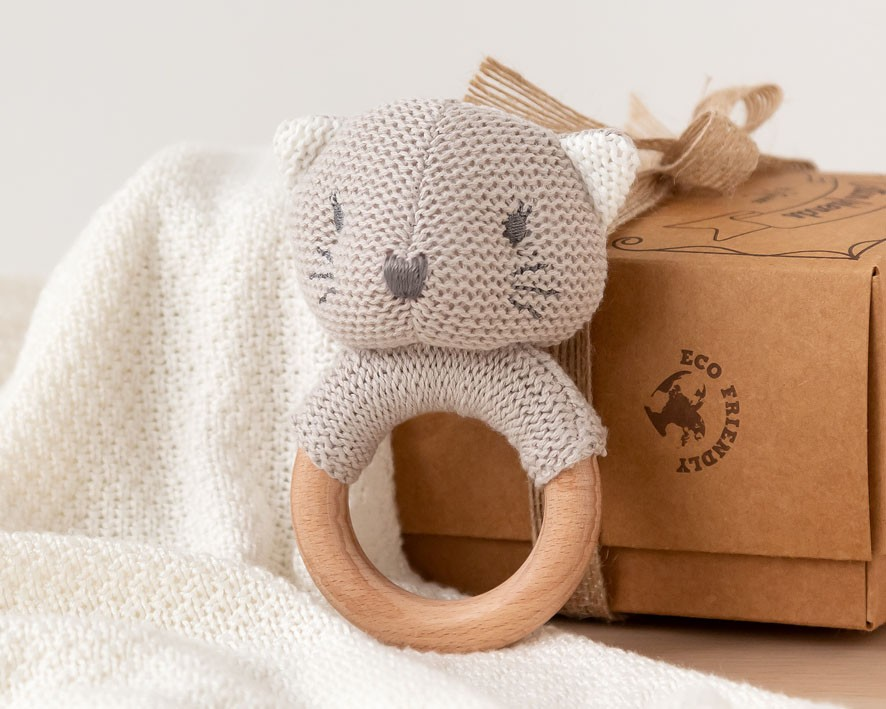 Anel de dentição de madeira com cabeça de animal em malha cinzenta e branca e caixa Eco Friendly