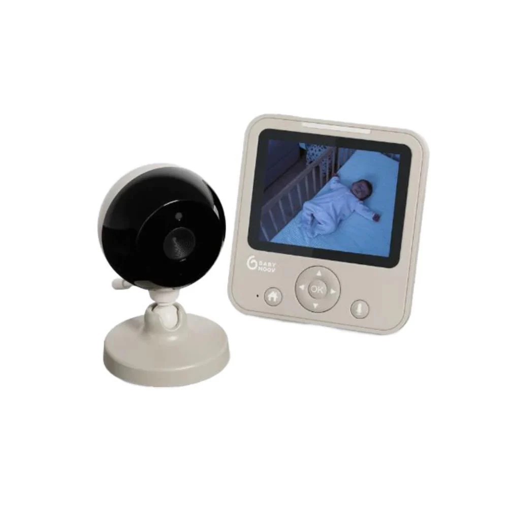 Monitor de bebé com câmara preta e ecrã branco a mostrar bebé no berço