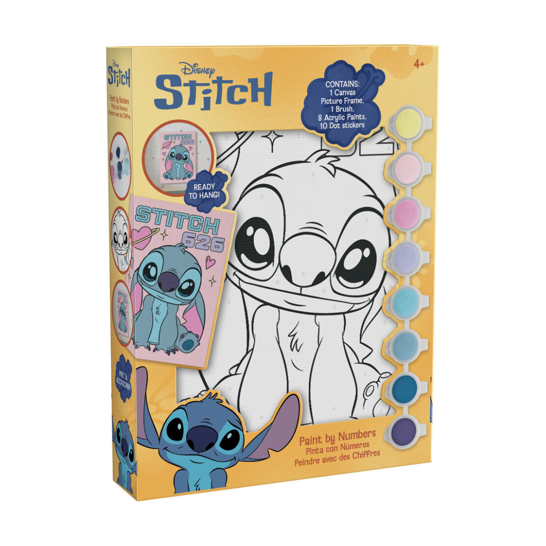 Kit de pintura por números Disney Stitch com materiais incluídos e imagem de Stitch em preto e branco.