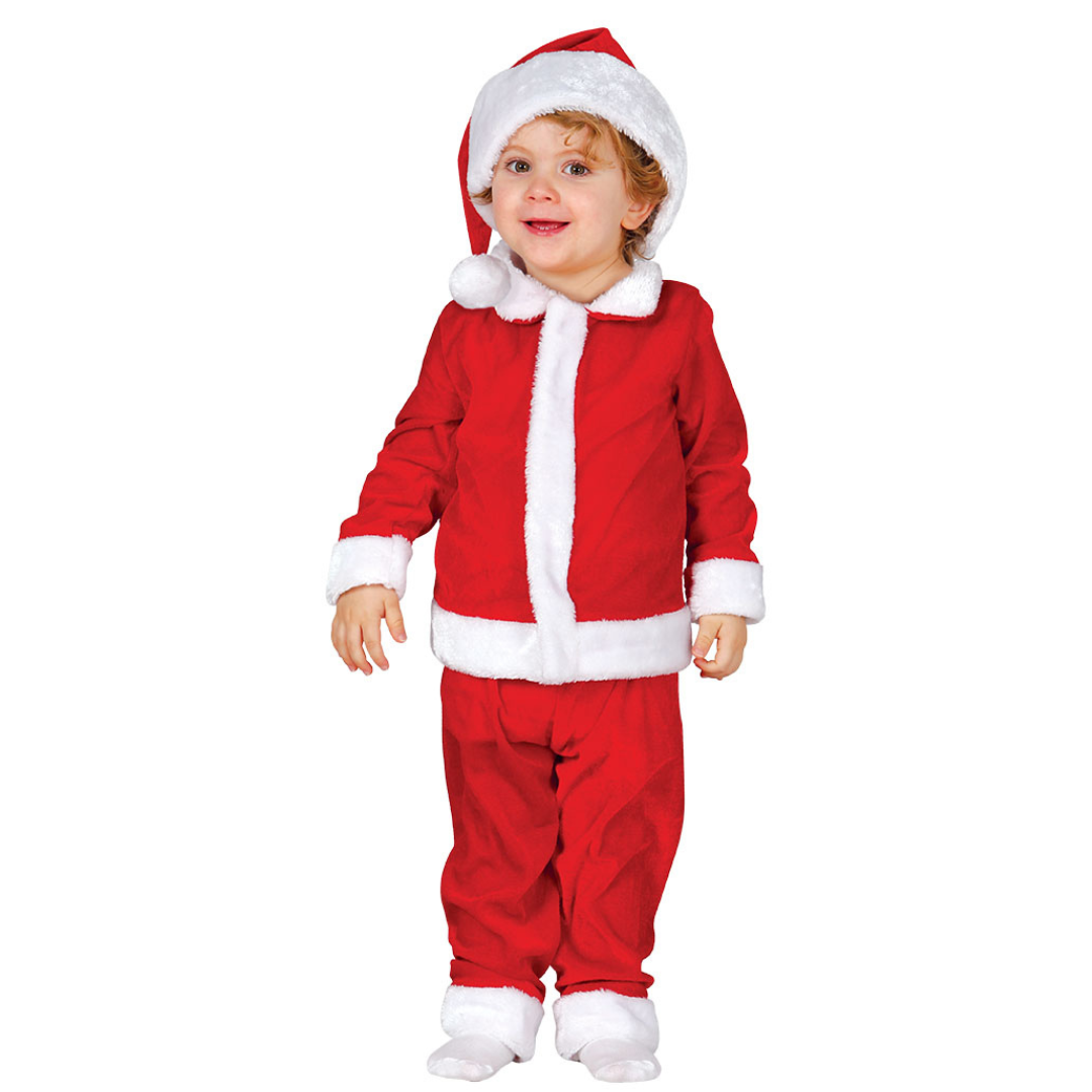 Criança com fato de Pai Natal vermelho e branco em fundo branco