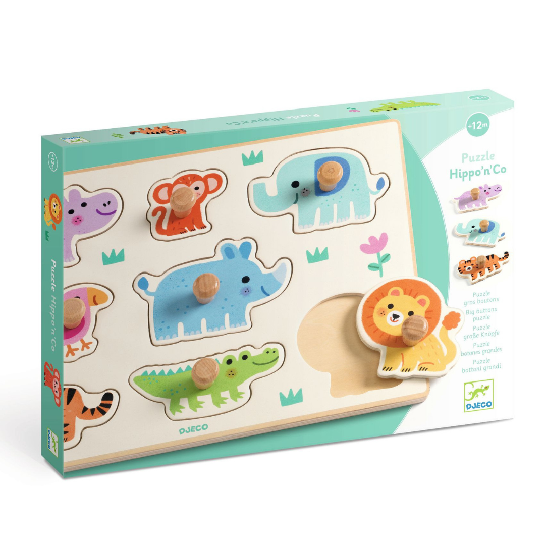 Puzzle infantil de madeira com botões grandes em forma de animais coloridos