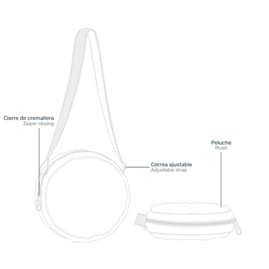 Bolsa redonda de peluche com fecho de correr e correia ajustável mostrada em ilustração técnica.