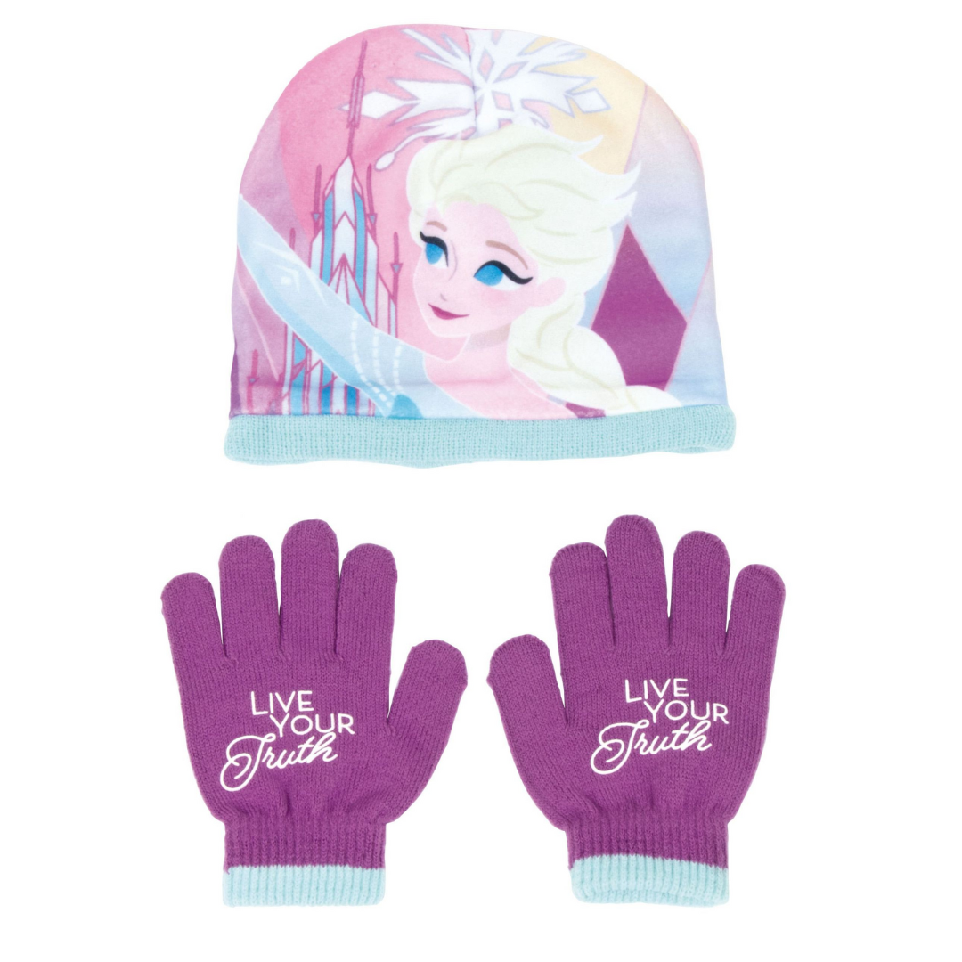 Gorro e luvas infantis com tema da personagem Elsa do filme Frozen e texto em inglês