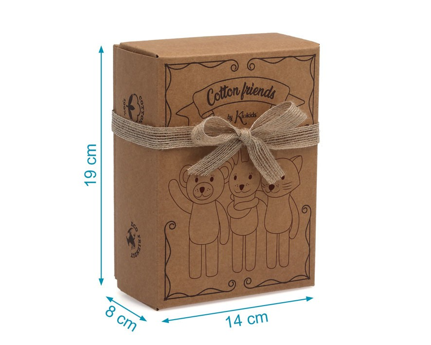 Embalagem de presente castanha com laço de fita e desenho de três bonecos e texto Cotton friends by Koala