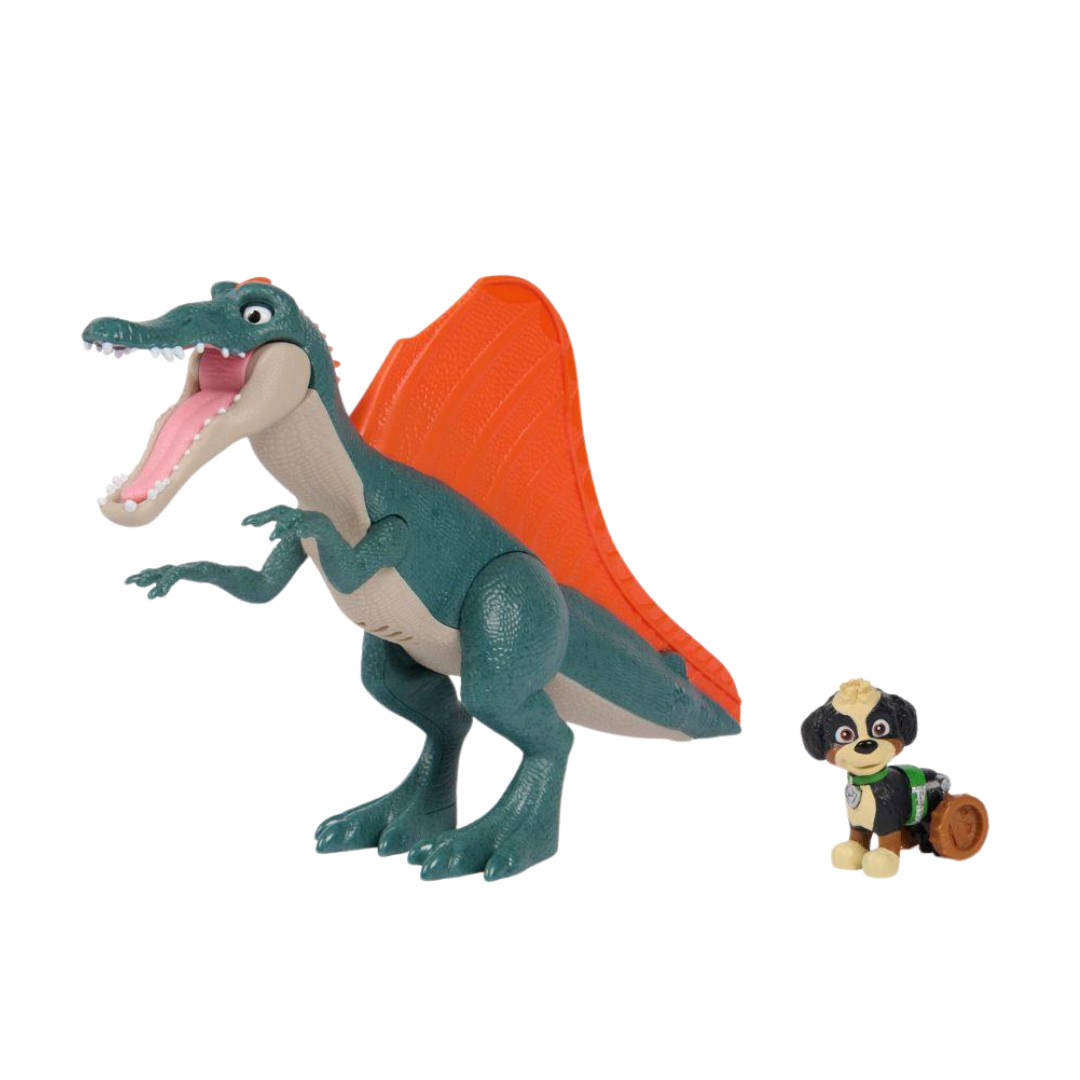 Brinquedo dinossauro verde com crista laranja ao lado de brinquedo cão preto com rodas.