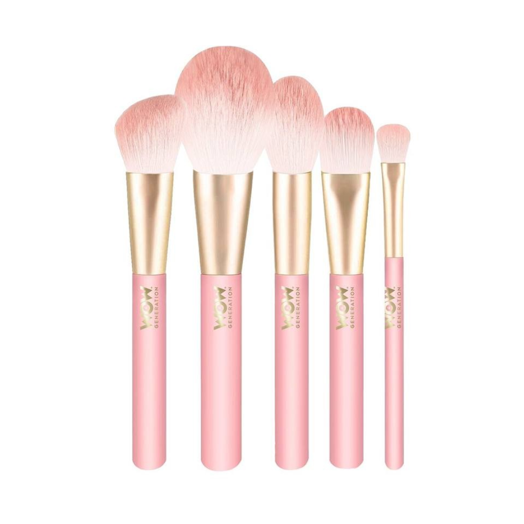 Conjunto de cinco pincéis de maquilhagem rosa e dourados com cerdas cor-de-rosa