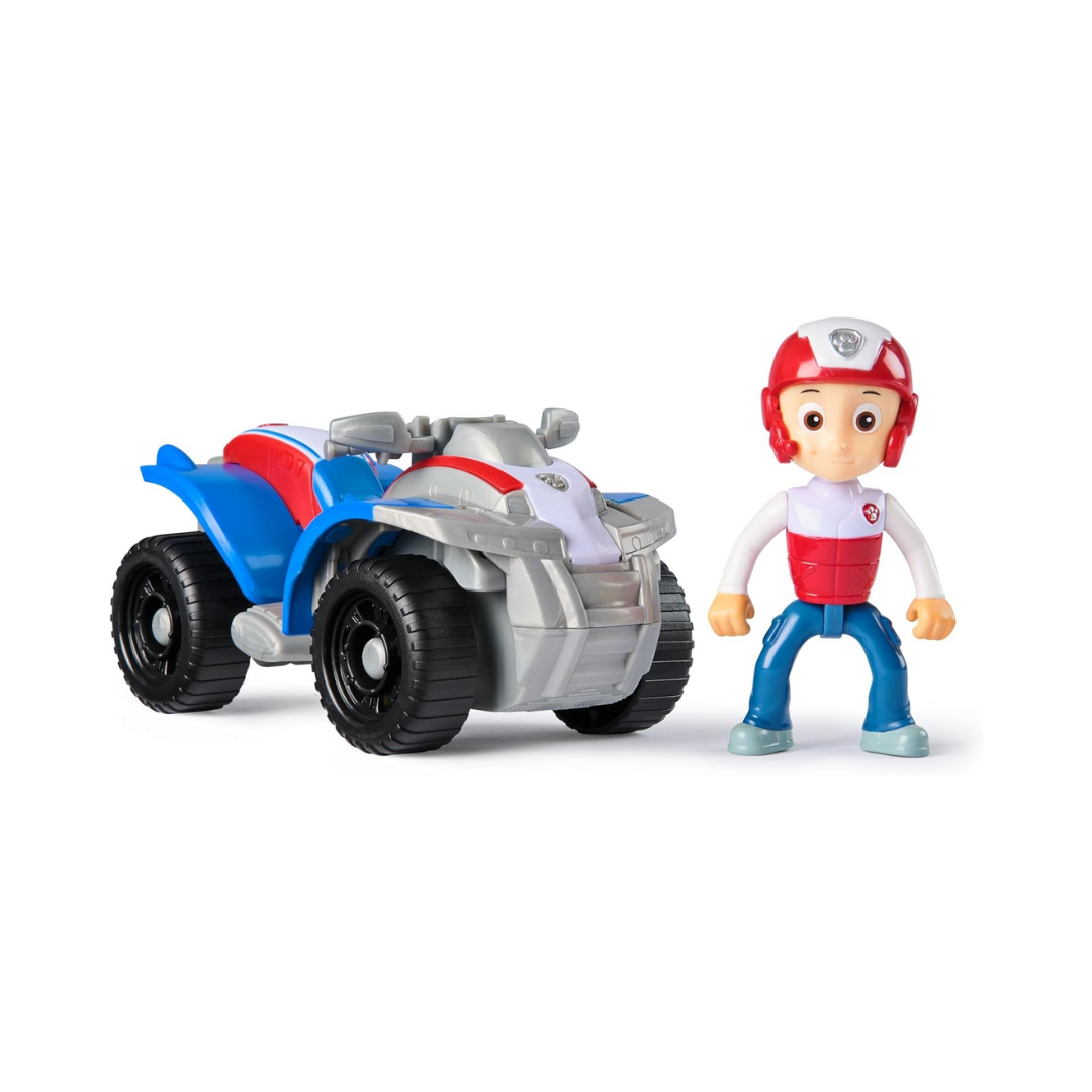 Figura de brinquedo com capacete e veículo todo-o-terreno de plástico em azul, vermelho e cinzento