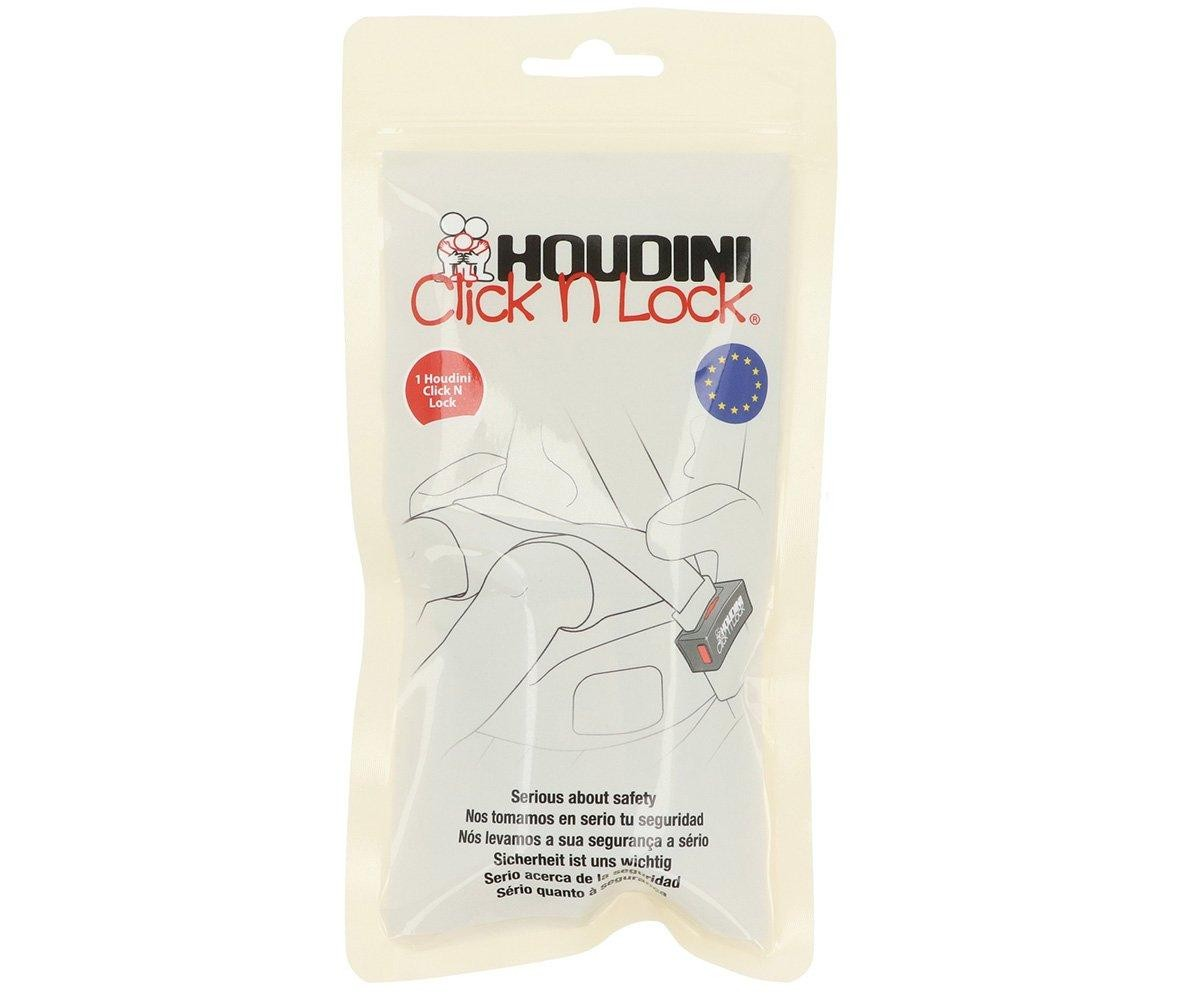 Embalagem branca com cadeado pequeno preto e vermelho para segurança, texto em três idiomas e marca HOUDINI Click 'N Lock.