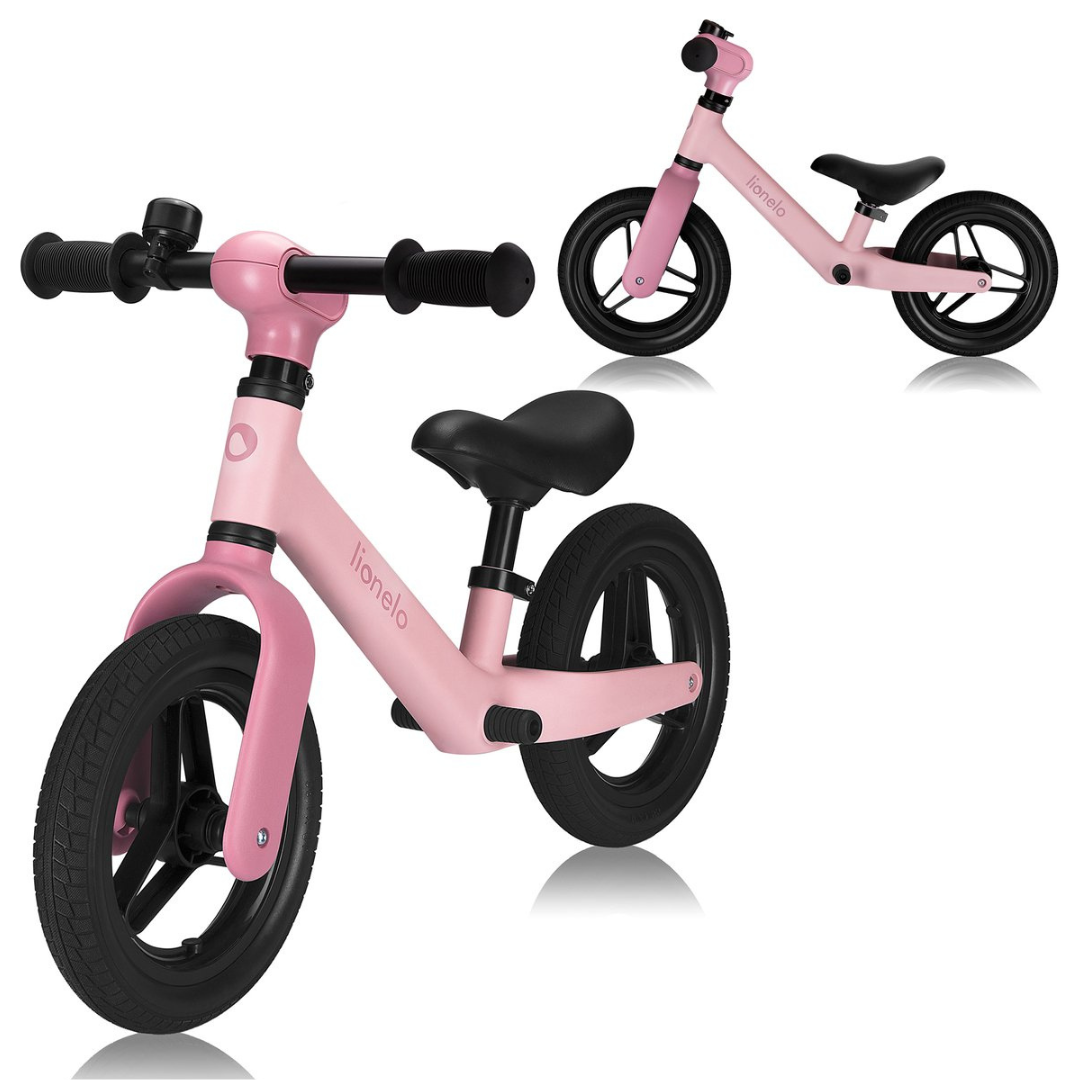 bicicleta de equilíbrio infantil cor-de-rosa com detalhes pretos