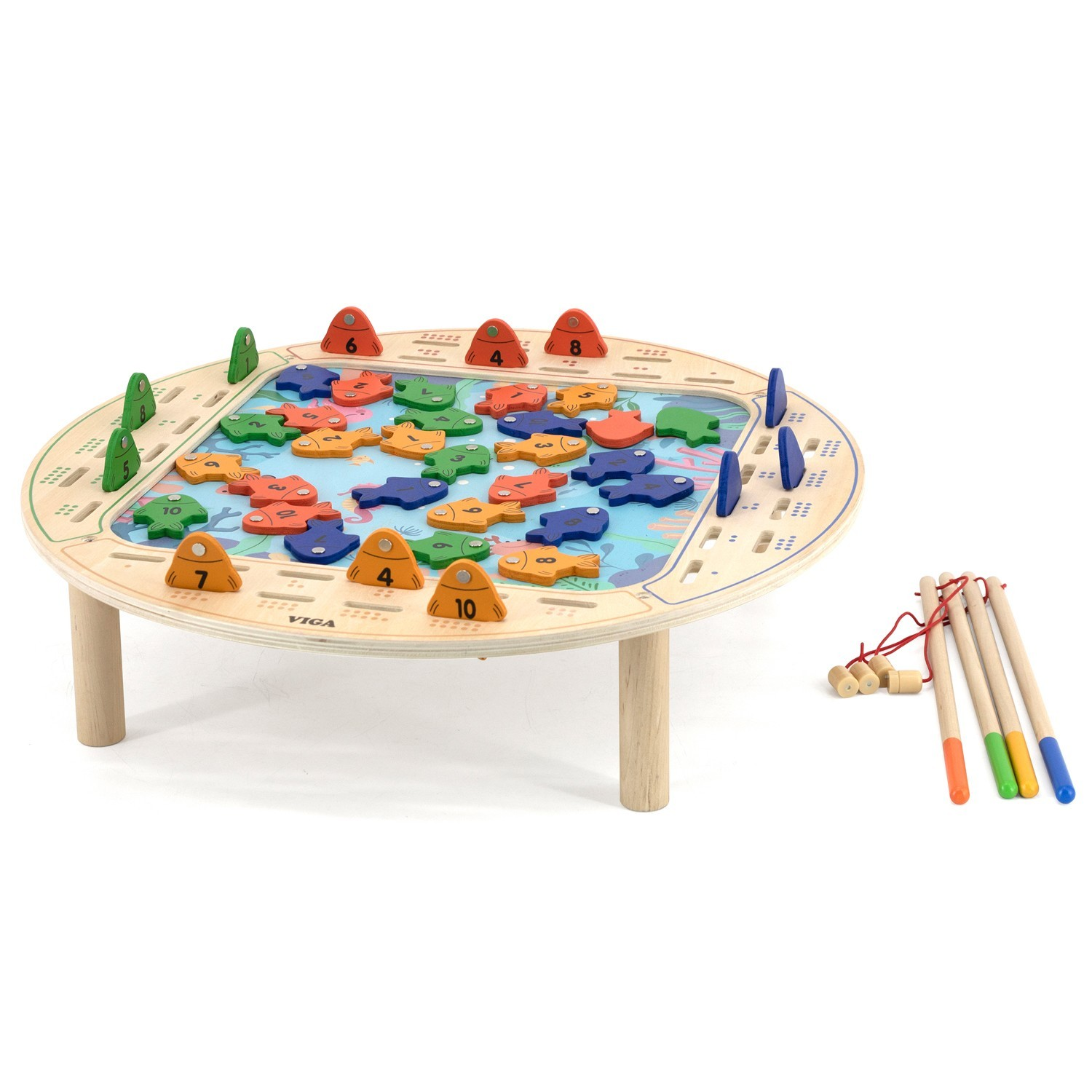 Mesa de jogo de pesca de madeira com peixes coloridos e varas de pesca
