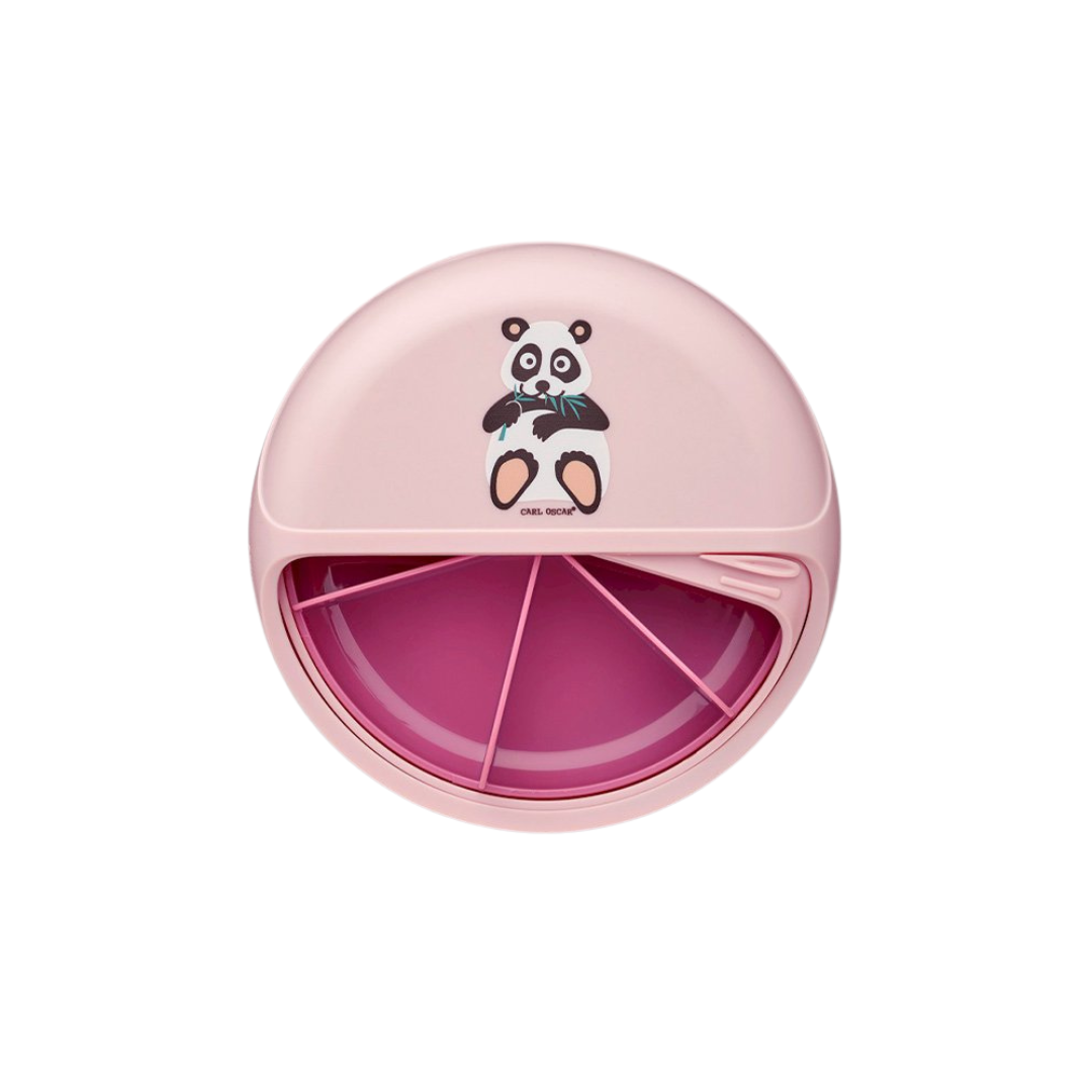 Tampa rosa com ilustração de panda e caixa redonda com compartimentos