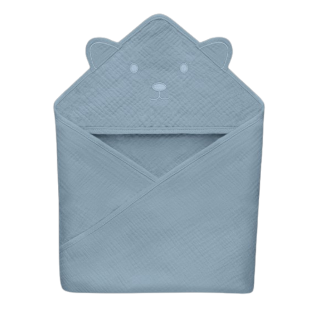 Toalha de banho azul claro com capuz de urso para bebé