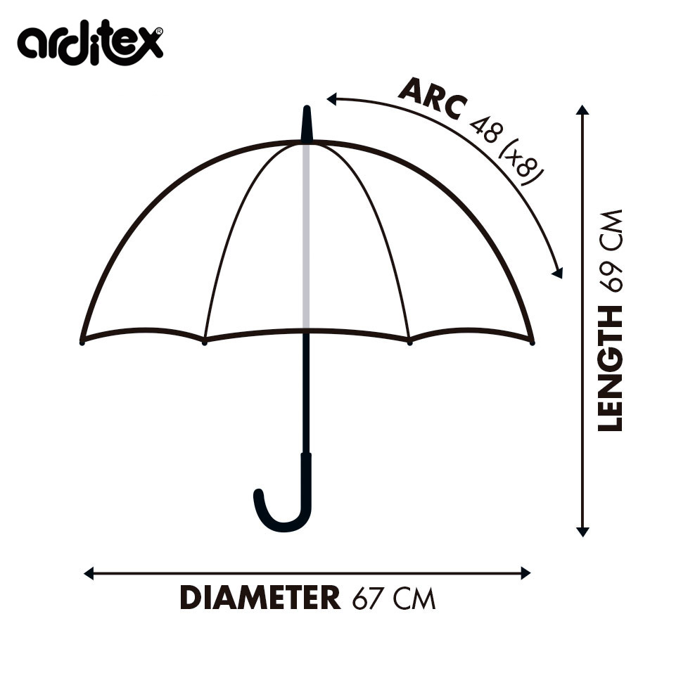 Desenho técnico de guarda-chuva com dimensões e logótipo arditex
