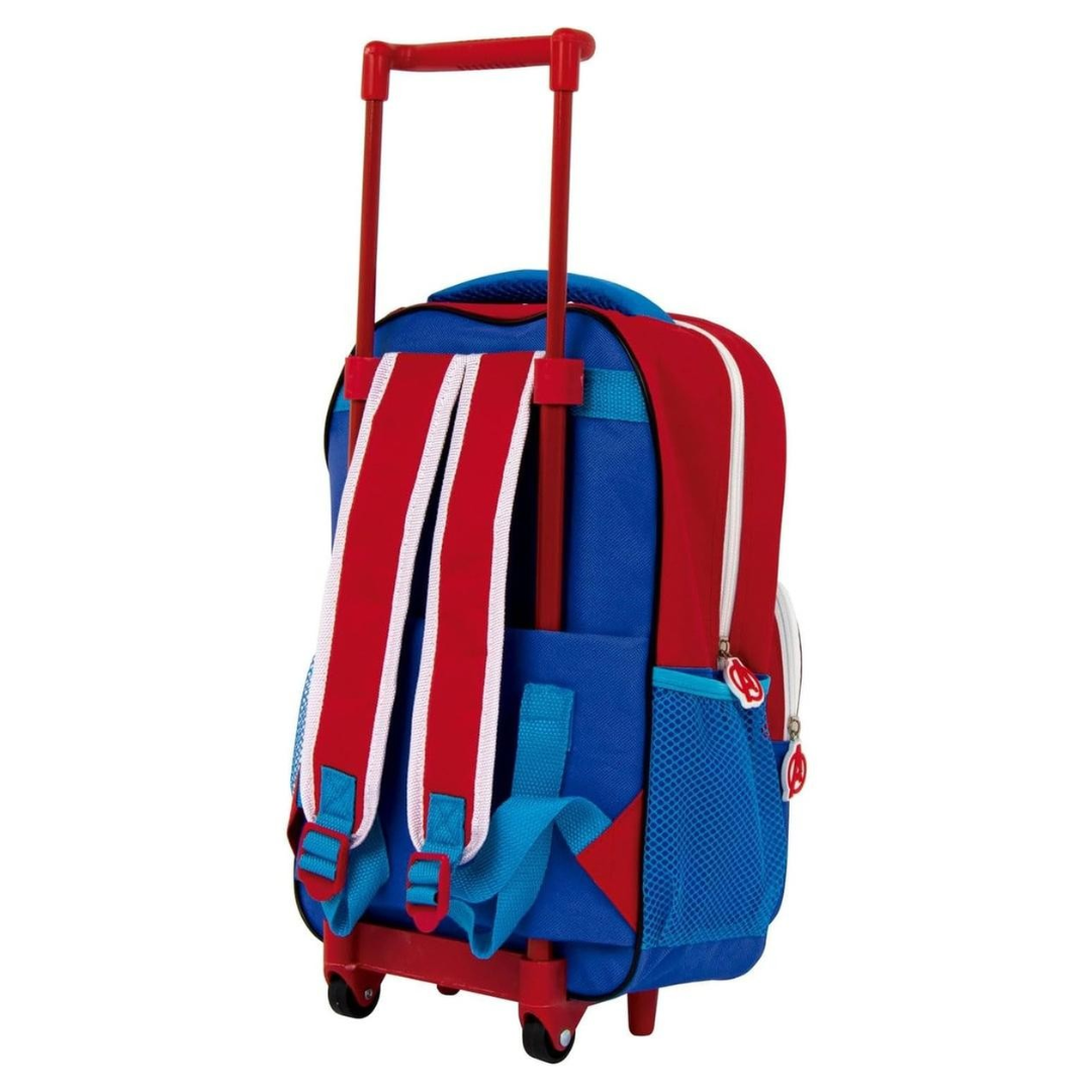 mochila de criança azul e vermelha com rodas e carrinho extensível