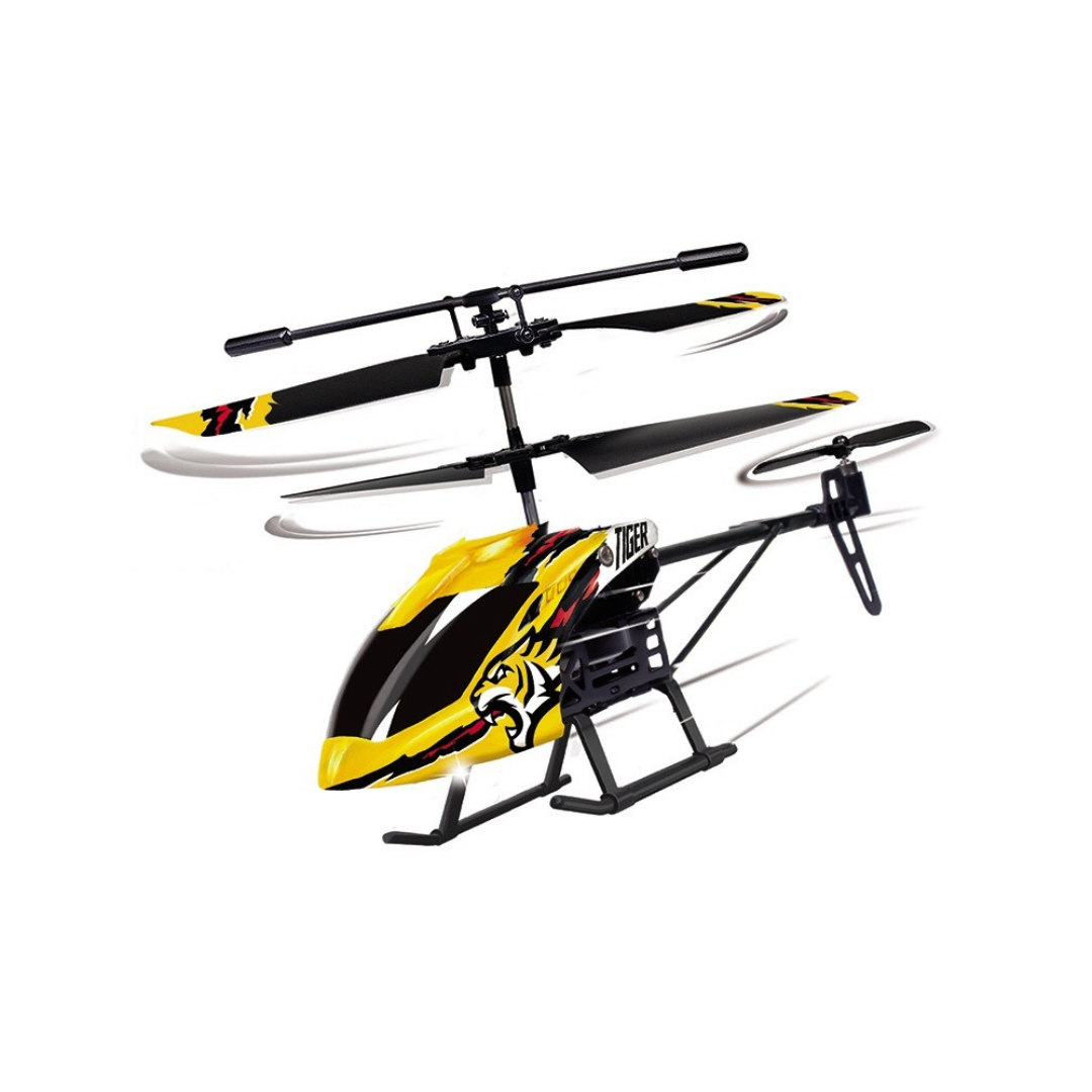 Helicóptero de brinquedo amarelo e preto com desenho de tigre.
