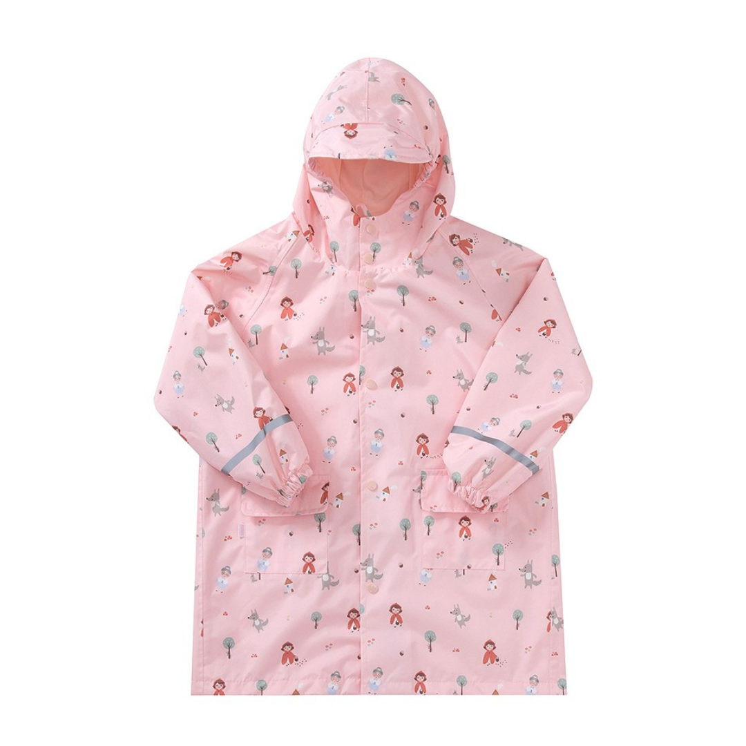 Casaco impermeável rosa infantil com padrão de bonecas e árvores