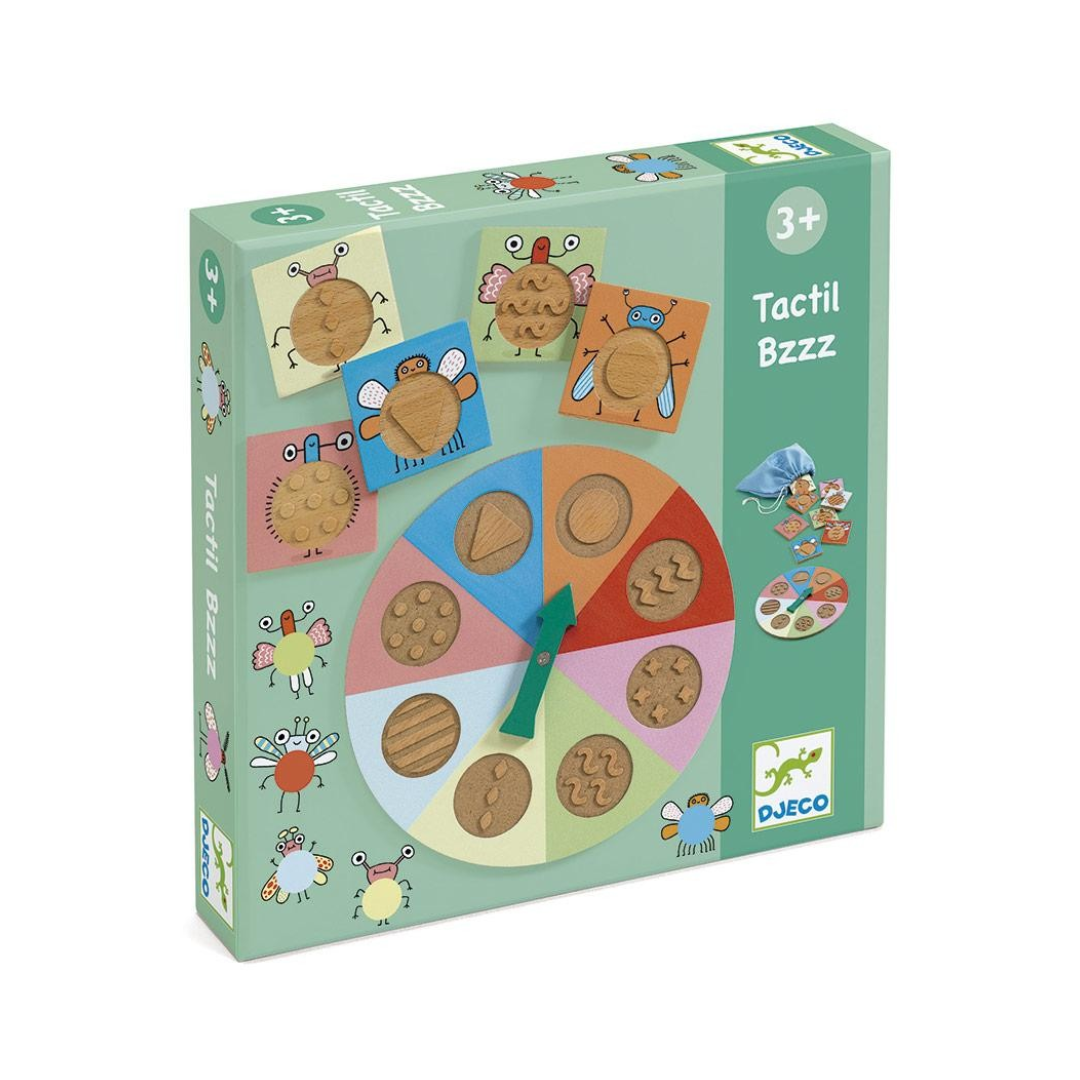 Embalagem de jogo Tactil Bzzz com peças de madeira e texturas diferentes para crianças.