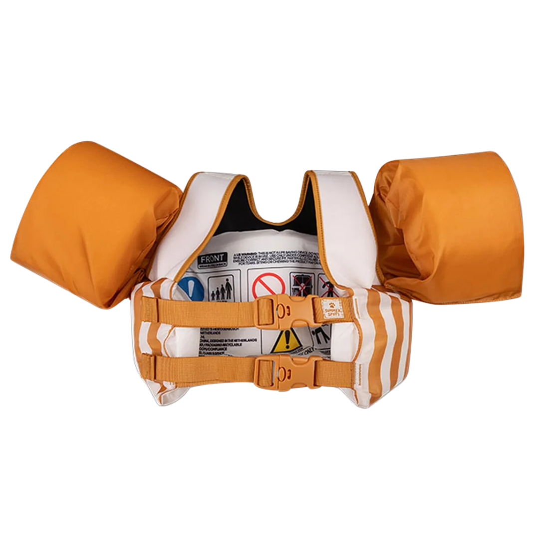 Colete salva-vidas infantil laranja e branco com proteção de braço