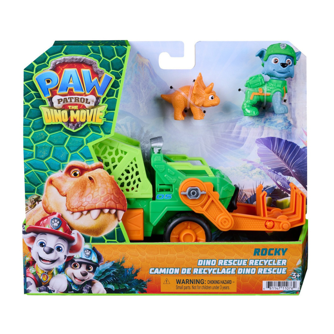 Brinquedo PAW PATROL Dino Movie com dinossauro e camião verde e laranja em embalagem