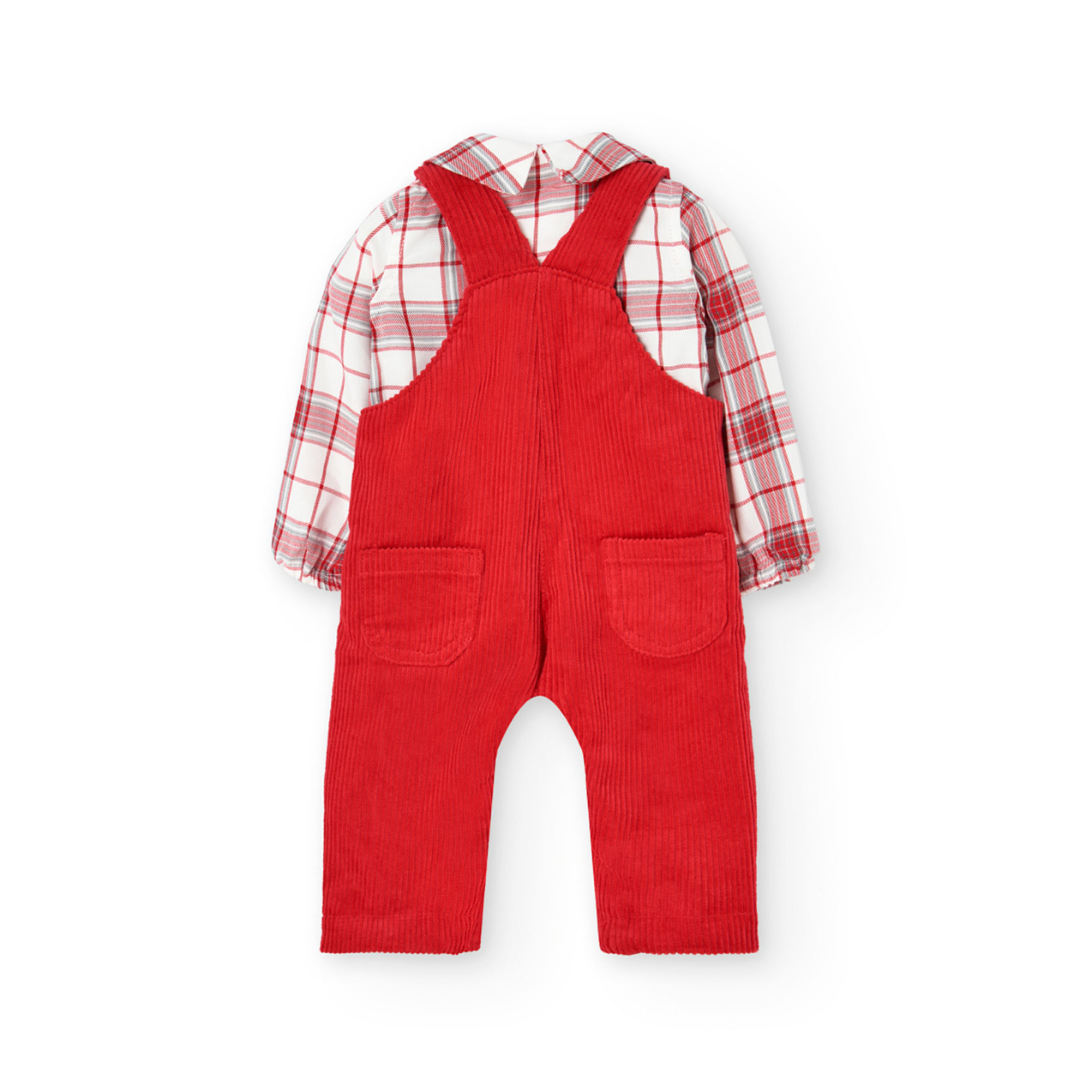Conjunto infantil vermelho e branco com macacão e camisa de quadrados