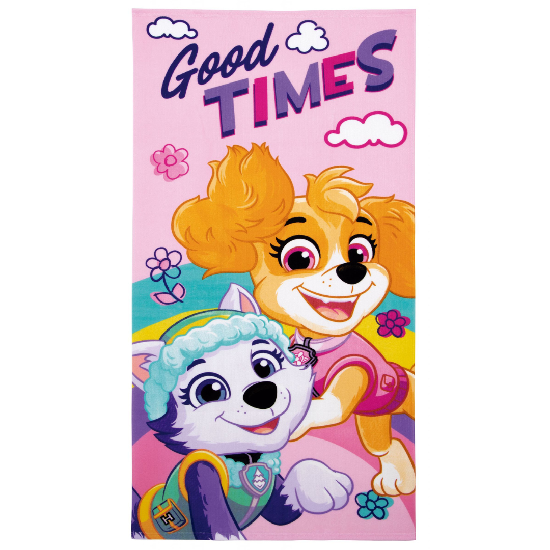 Toalha cor-de-rosa com cães animados e texto Good TIMES
