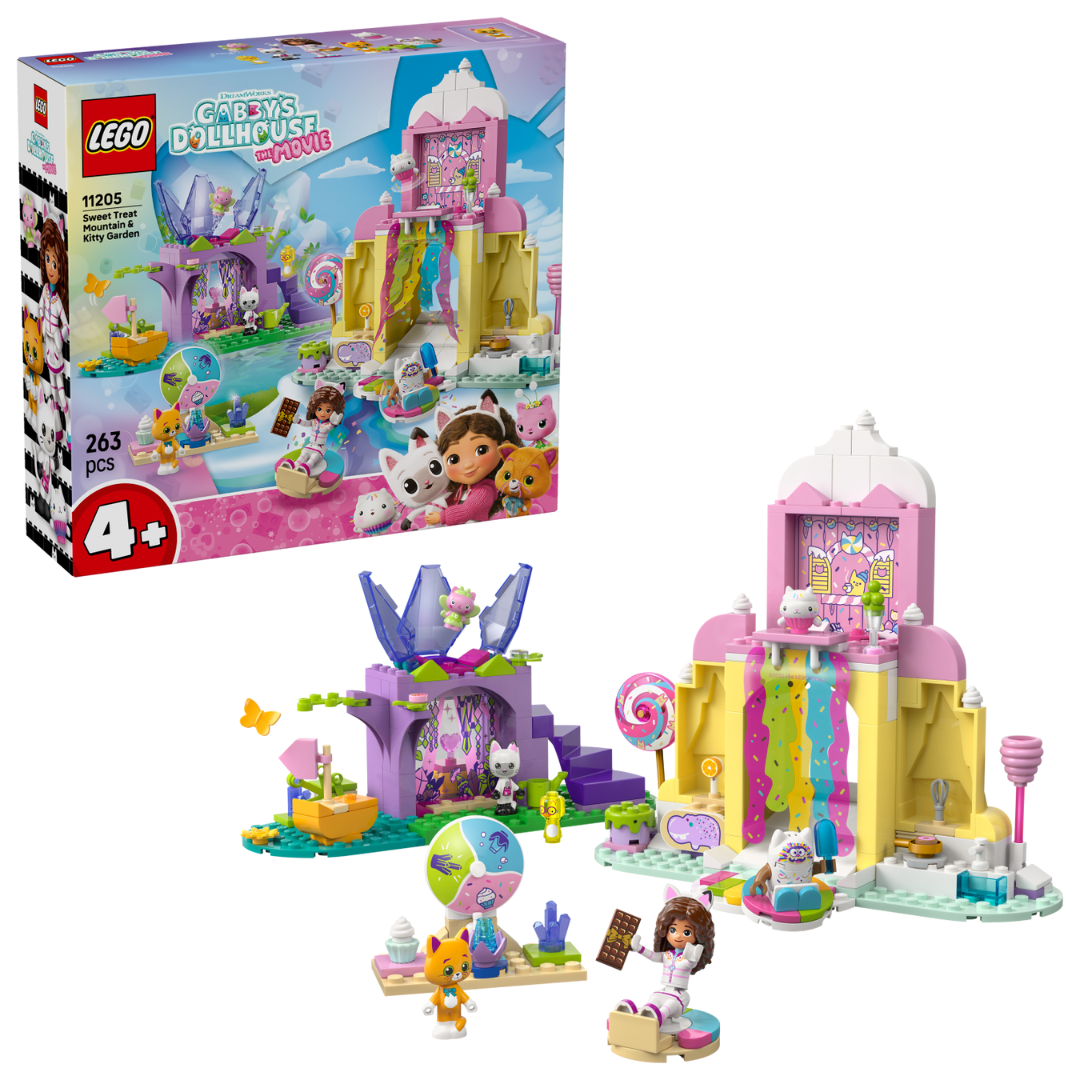 Caixa e conjunto LEGO Gabby's Dollhouse com personagens e acessórios coloridos
