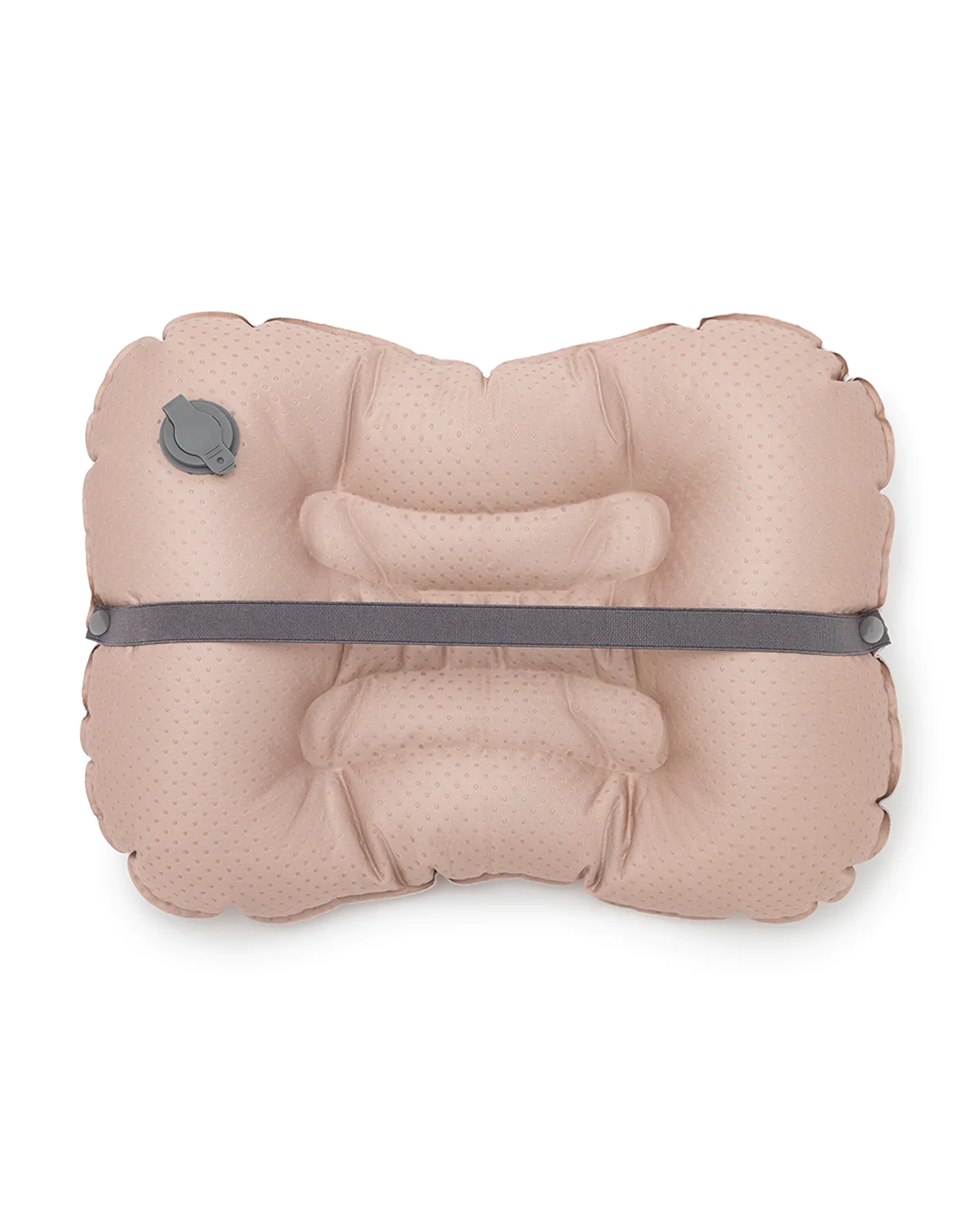 Almofada insuflável bege com válvula e tira elástica cinzentas