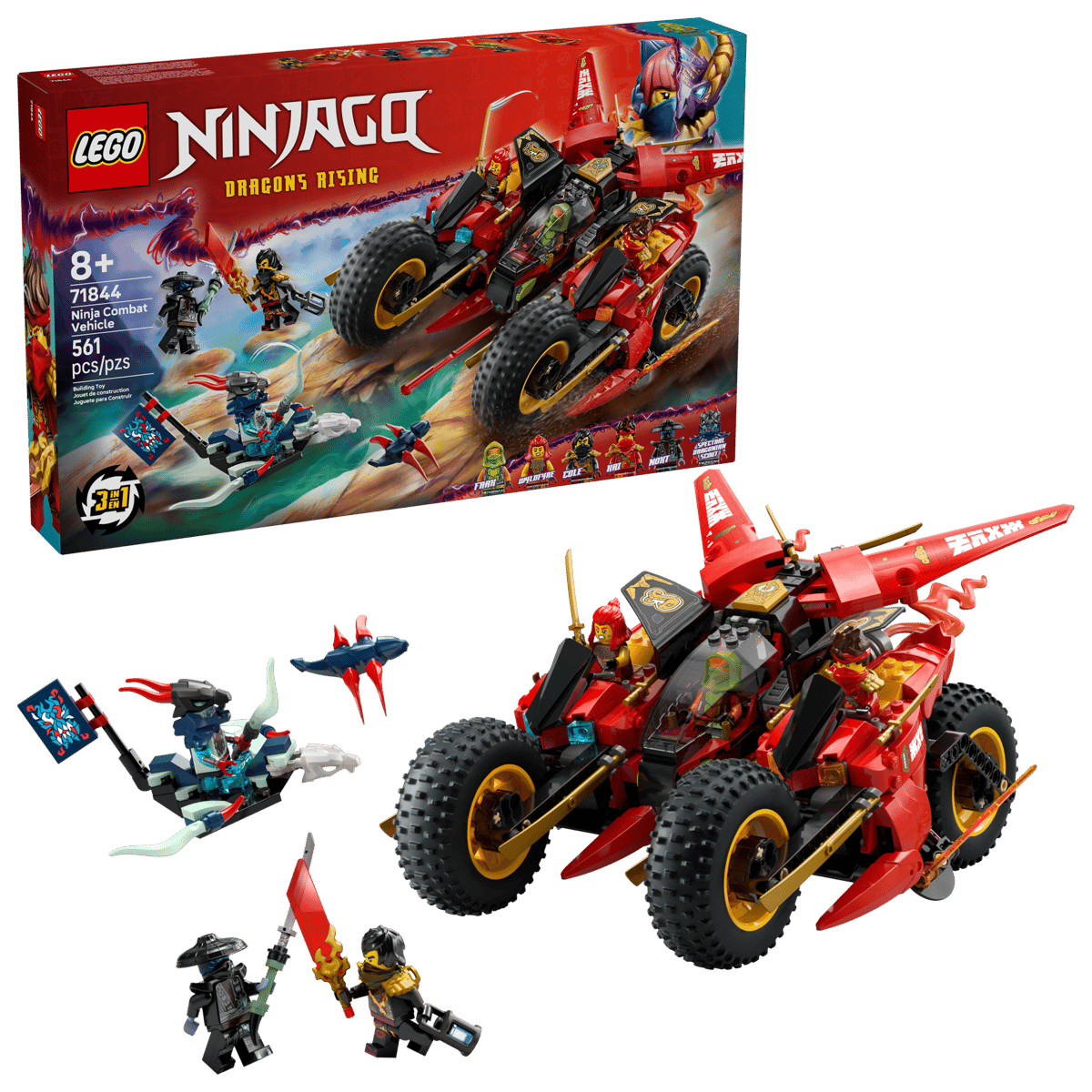Conjunto LEGO Ninjago Dragons Rising com veículo vermelho e minifiguras ninja