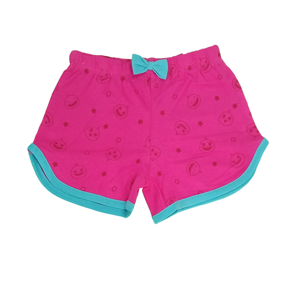 Calções de criança cor de rosa com laço azul e padrão de carinhas