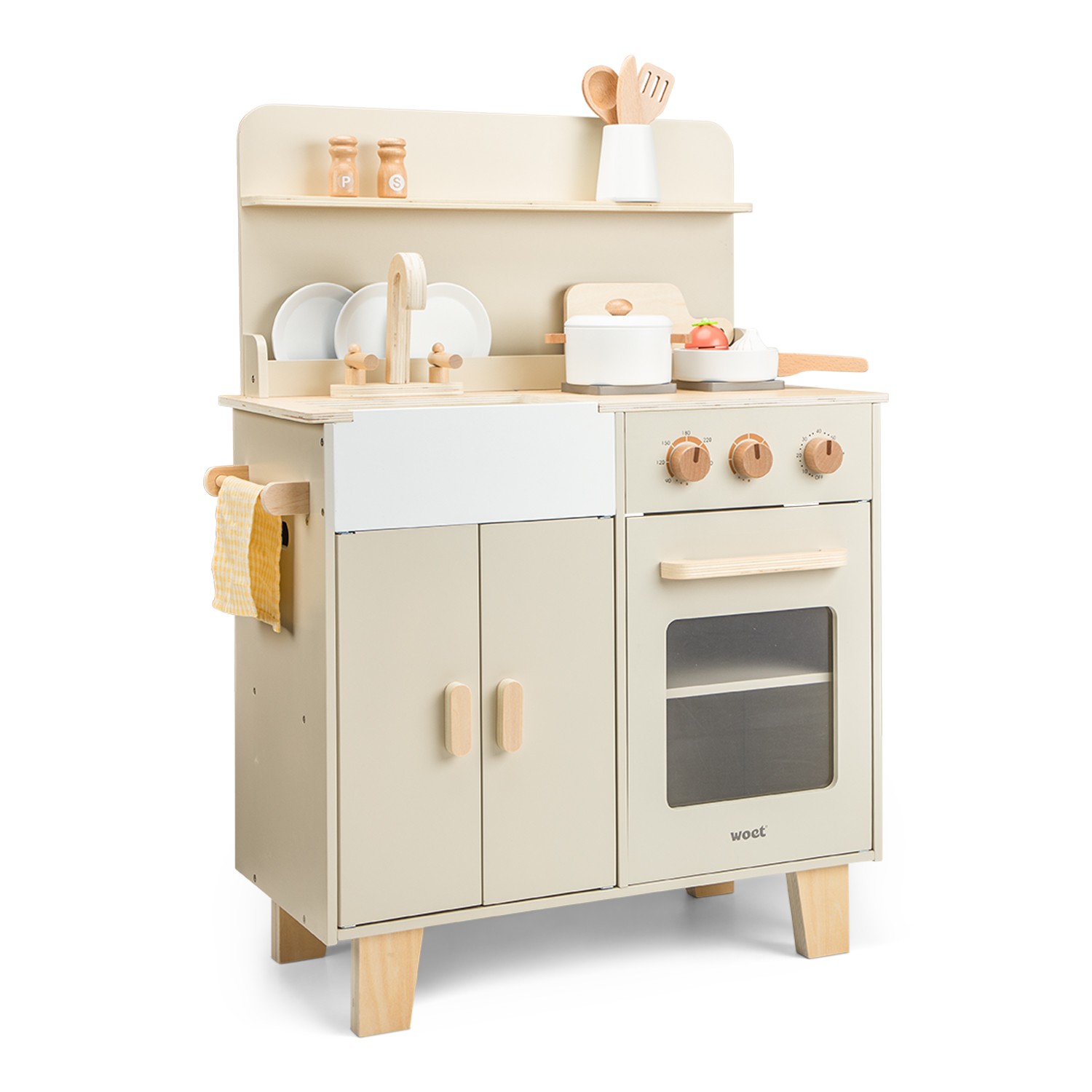 Cozinha de brincar de madeira beige e branca com forno e acessórios