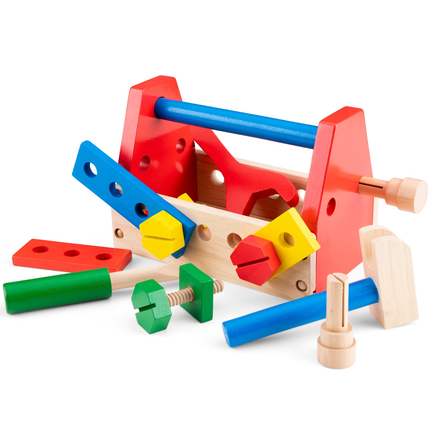 Brinquedo de ferramentas em madeira coloridas com caixa organizadora