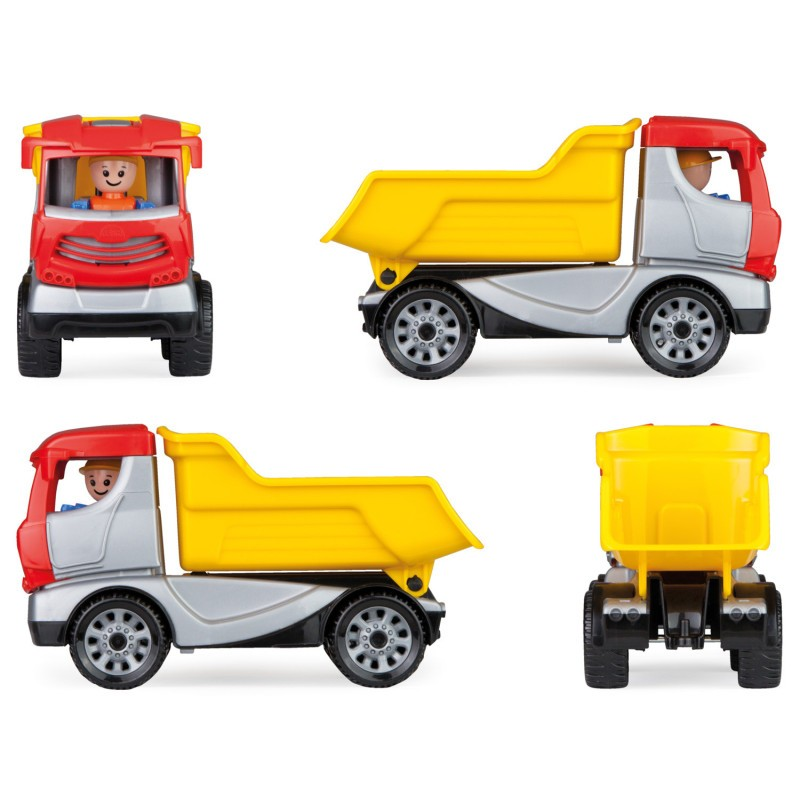 Camião de brinquedo amarelo, vermelho e cinzento com boneco na cabine