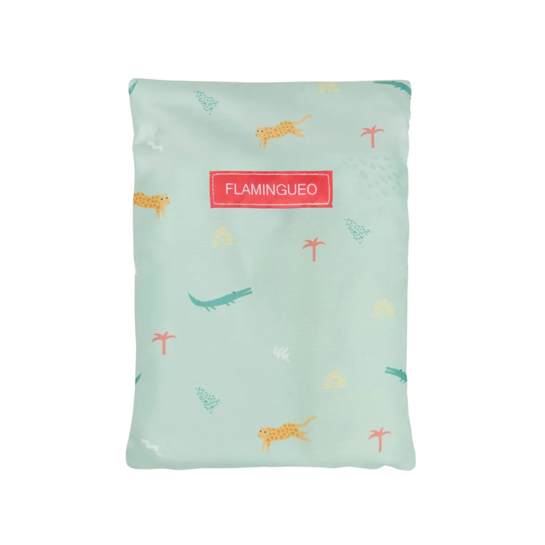 Bolsa verde-água com padrão de animais e etiqueta FLAMINGUEO