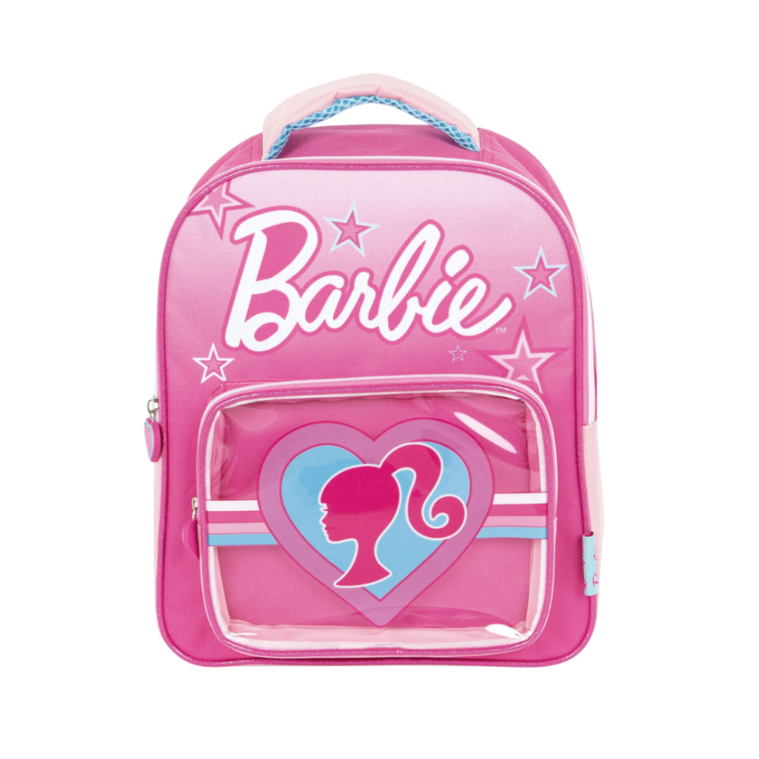 Mochila rosa Barbie com bolso frontal transparente e coração com silhueta de rapariga.