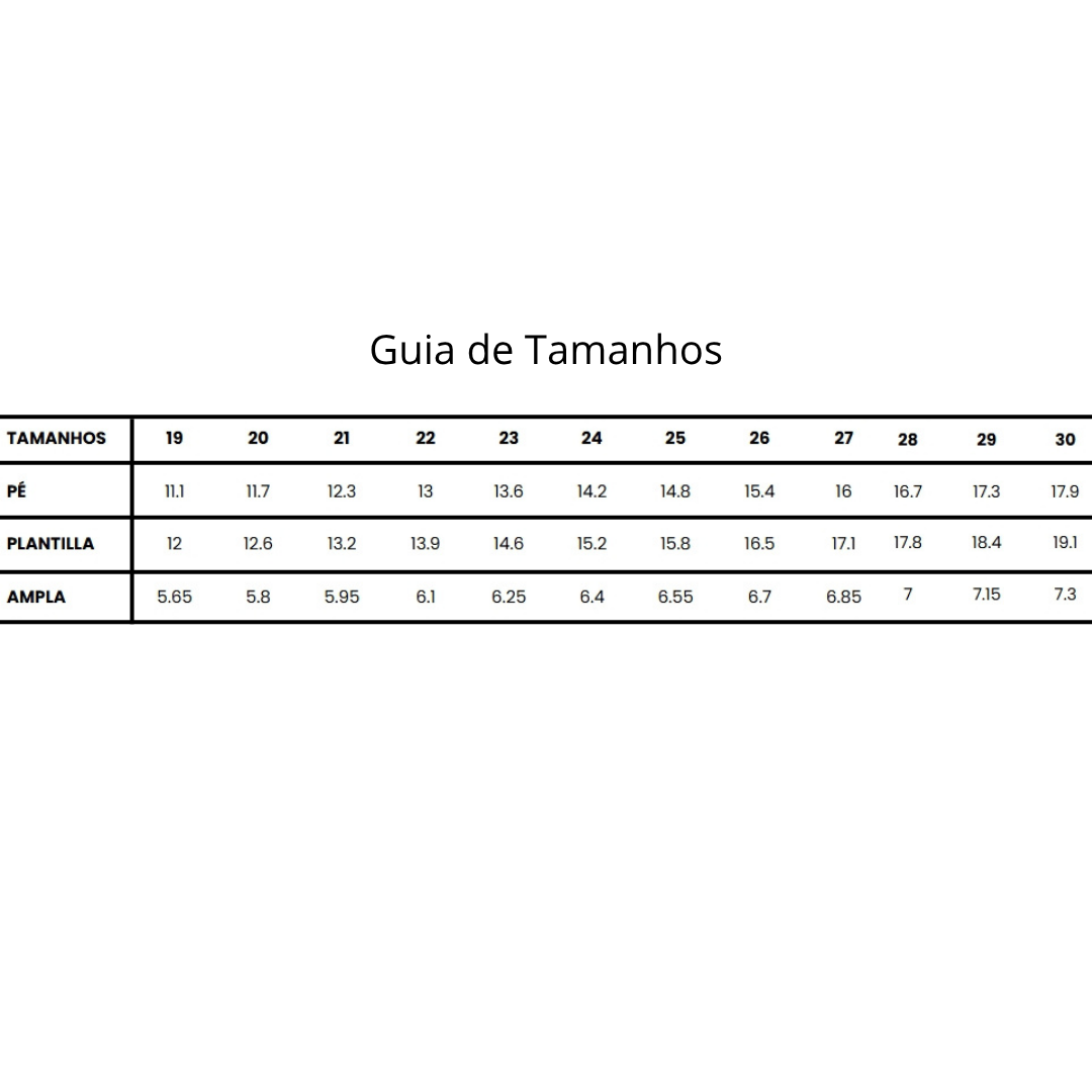 Guia de tamanhos de calçado com medidas em centímetros para pé, plantilla e ampla, de tamanho 19 a 30.