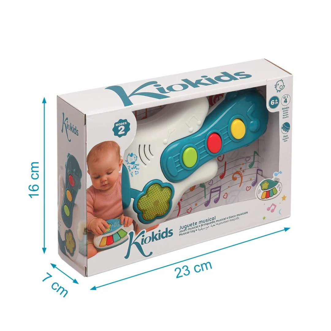 Brinquedo musical Kiokids em caixa com brinquedo azul e branco e botões coloridos