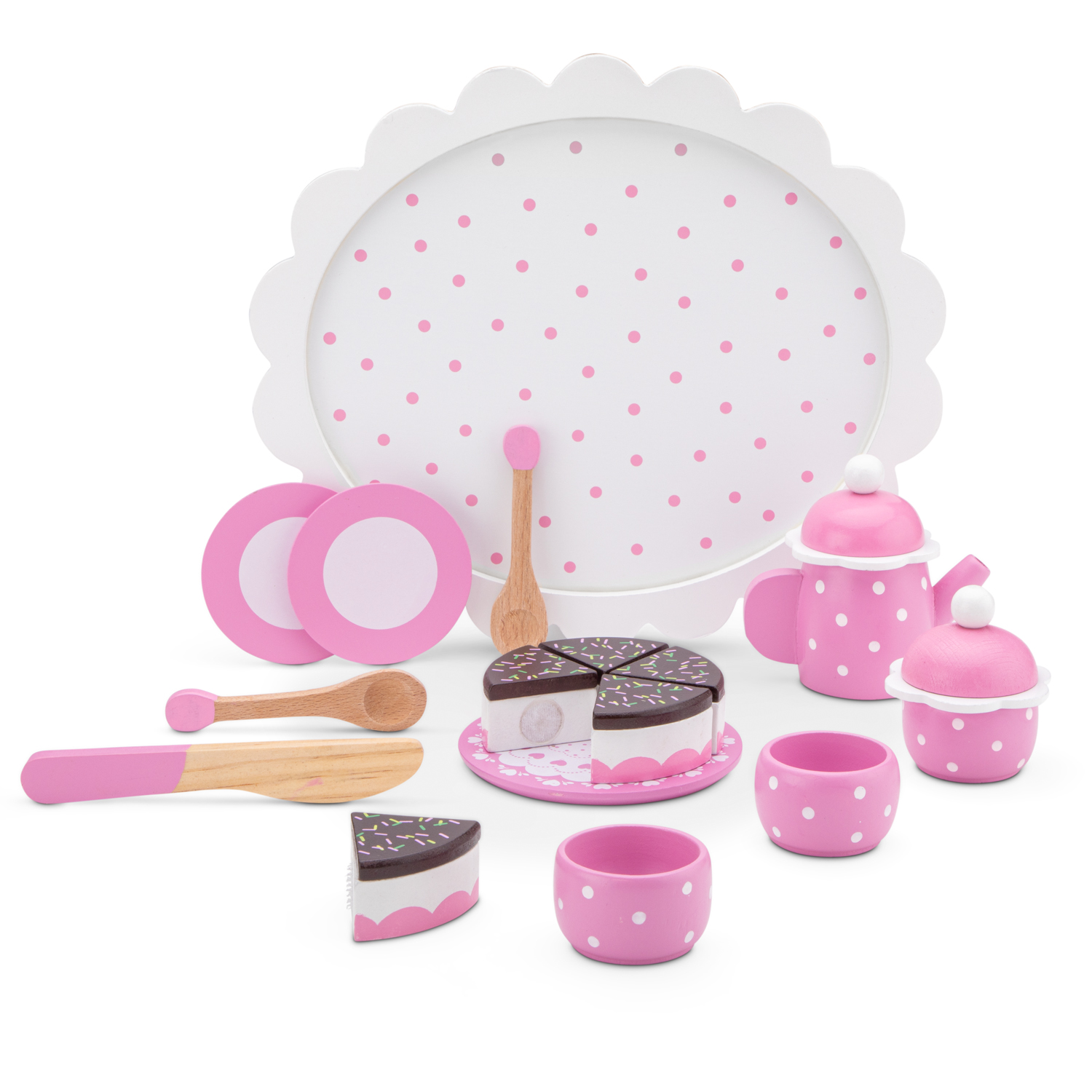 Conjunto de chá infantil em madeira rosa com bolinhas brancas e acessórios