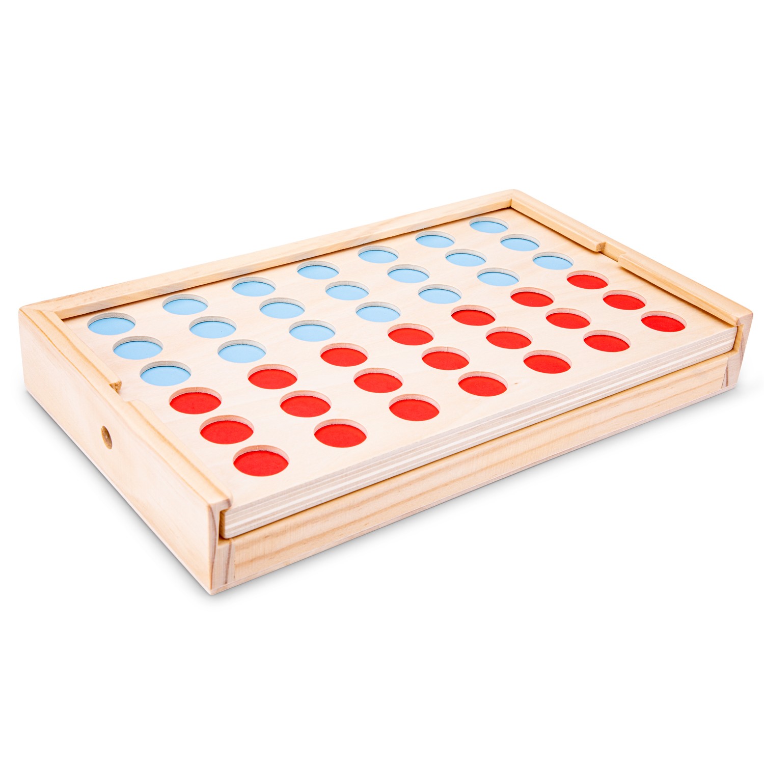 Tabuleiro de jogo de madeira com discos vermelhos e azuis