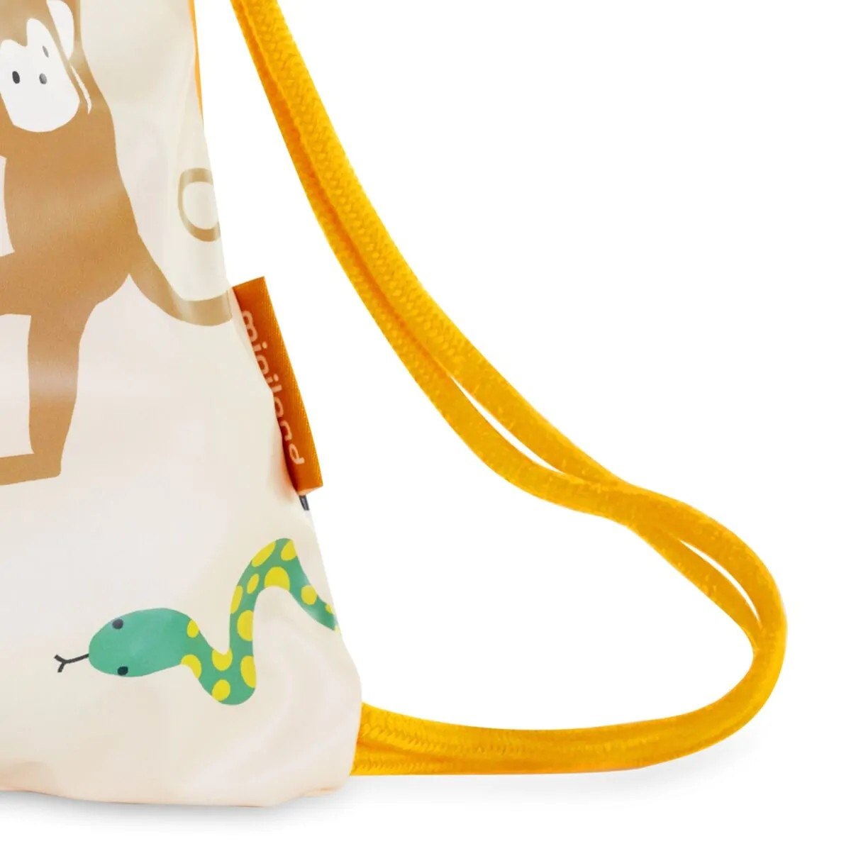 Saco de tecido branco com ilustrações de animais e cordão amarelo.