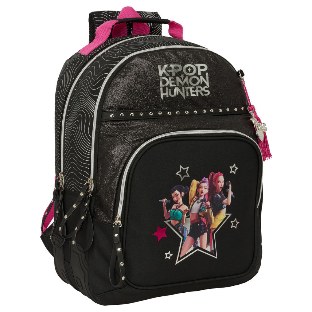 Mochila preta e rosa K-POP DEMON HUNTERS com imagem de personagens femininas e padrão de linhas