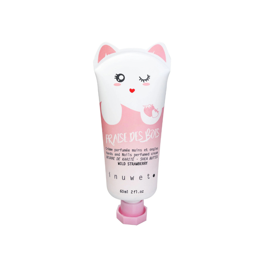 Creme perfumado para mãos e unhas em embalagem com design de gato