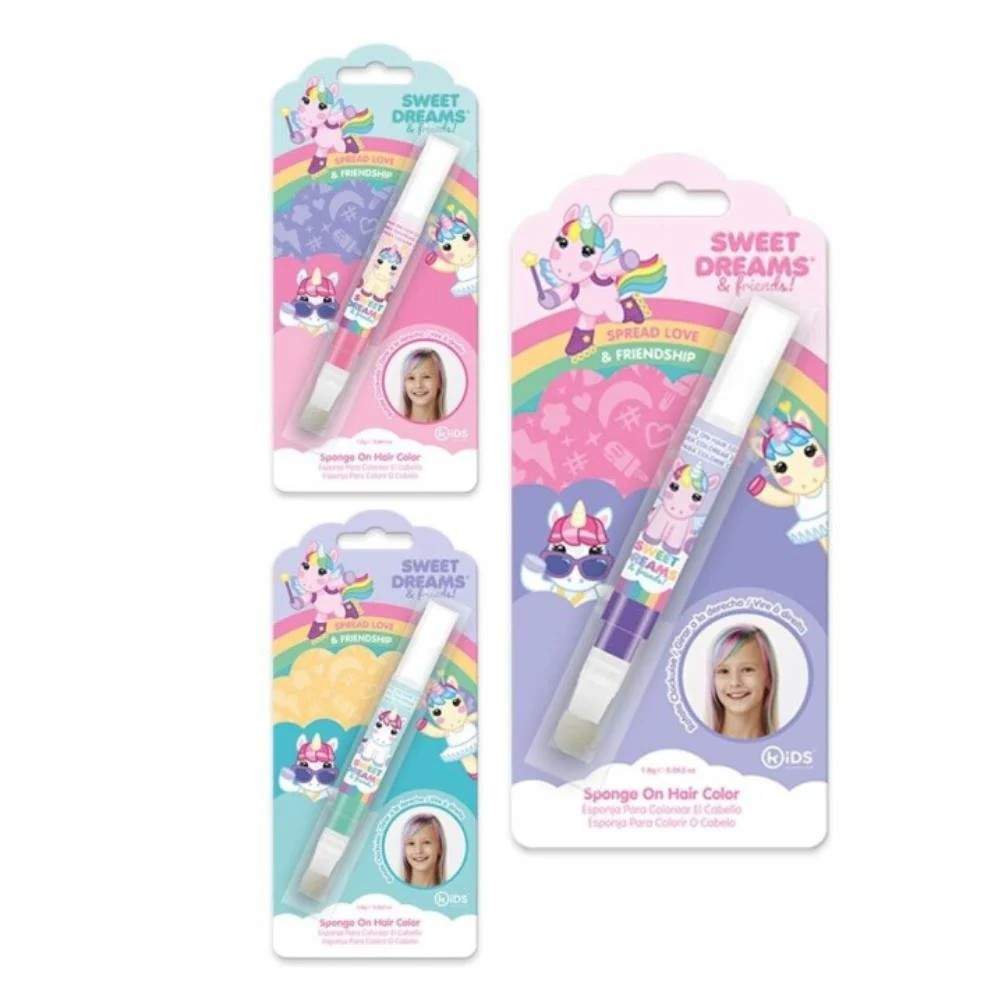 Aplicadores de cor para cabelos infantis com design de unicórnios em embalagens coloridas.