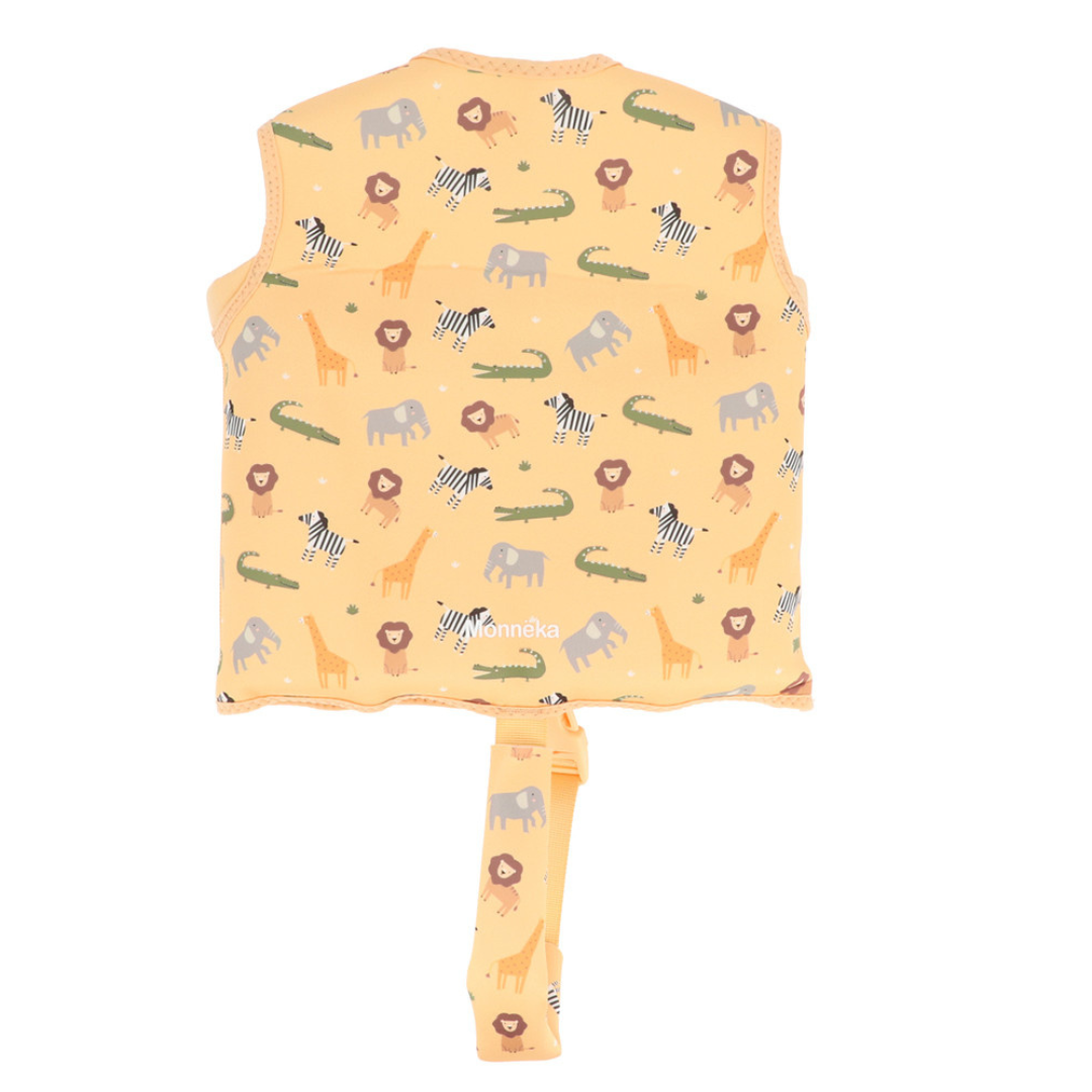 Colete salva-vidas infantil amarelo com estampas de animais da savana e tira ajustável.