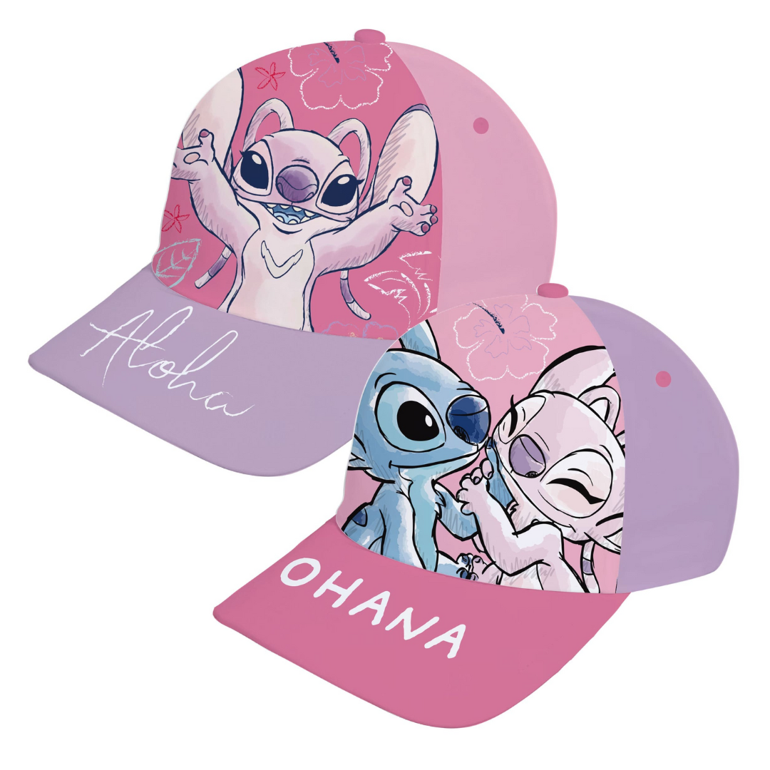 Dois bonés infantis com estampas dos personagens Stitch e Angel em rosa, lilás e azul com texto 'Aloha' e 'OHANA'