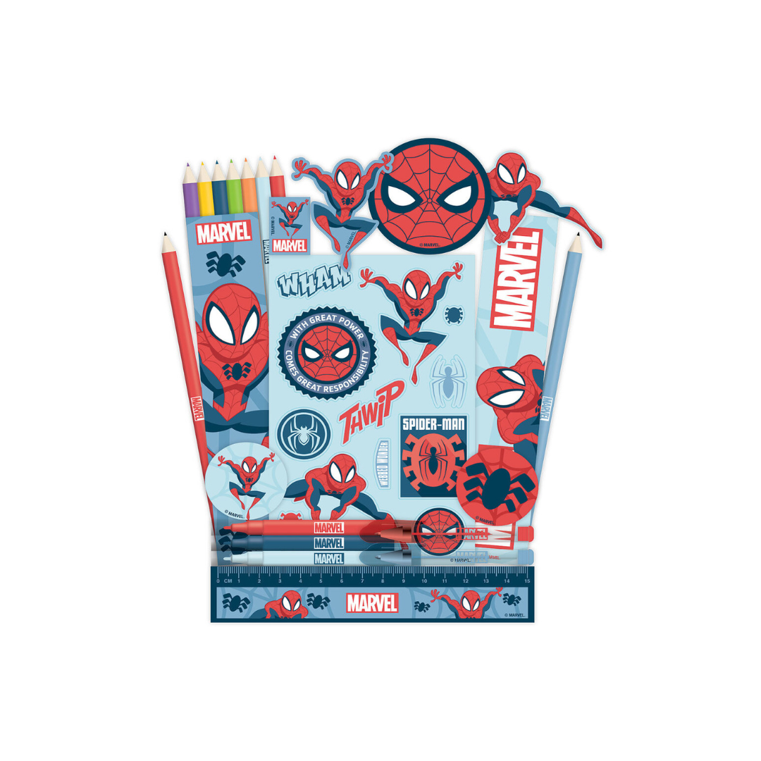 Conjunto escolar Spider-Man da MARVEL com lápis, réguas e autocolantes