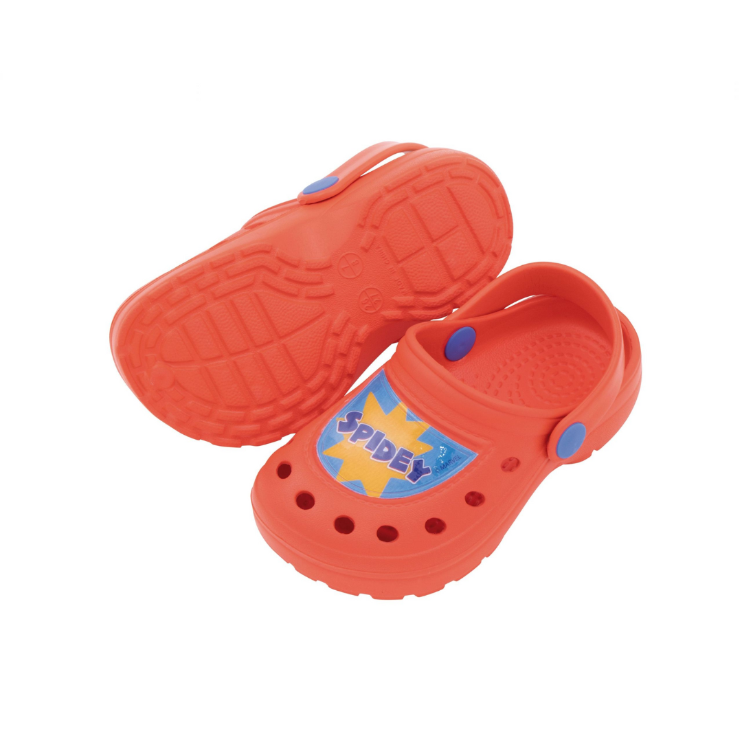 Sandálias vermelhas de plástico com detalhe azul e etiqueta decorativa 'SPIDEX'