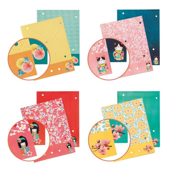 Folhas para artesanato com padrões florais e bonecas japonesas em várias cores